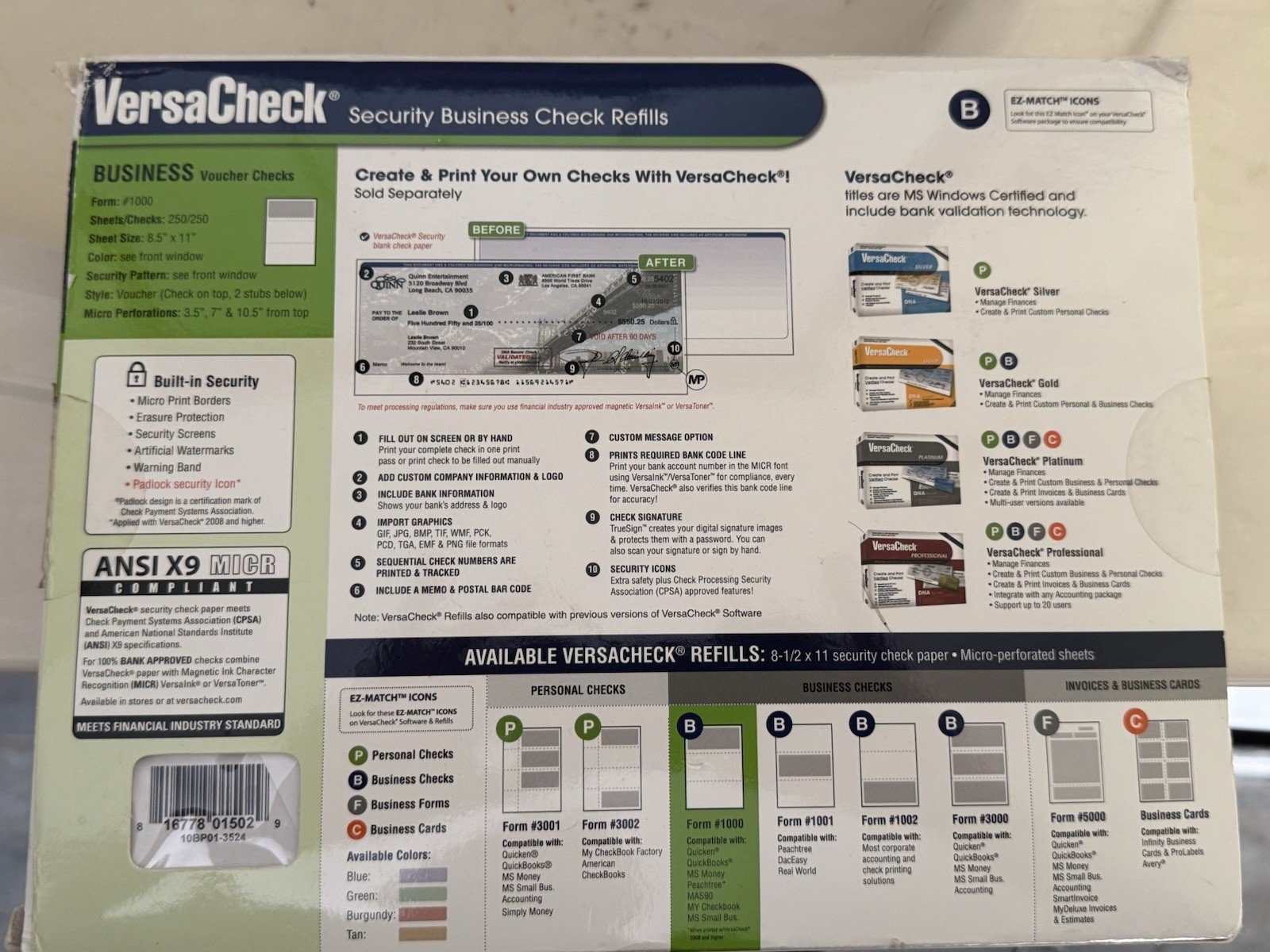 VersaCheck Security Business Check Refills Form #1000, 250 Count