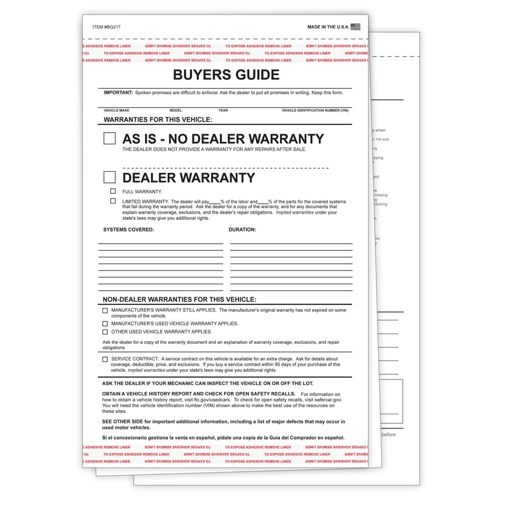 Buyers Guide Car Dealers – Self Adhesive As/is 7-1/3″ W x 11-5/8″ H, White