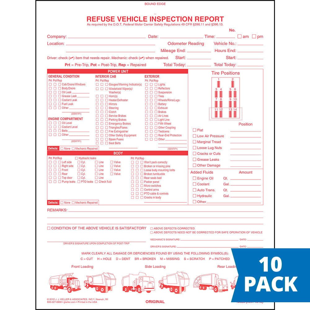 Refuse Truck Driver’s Vehicle Inspection Report 10-pk., 2-Ply Carbonless