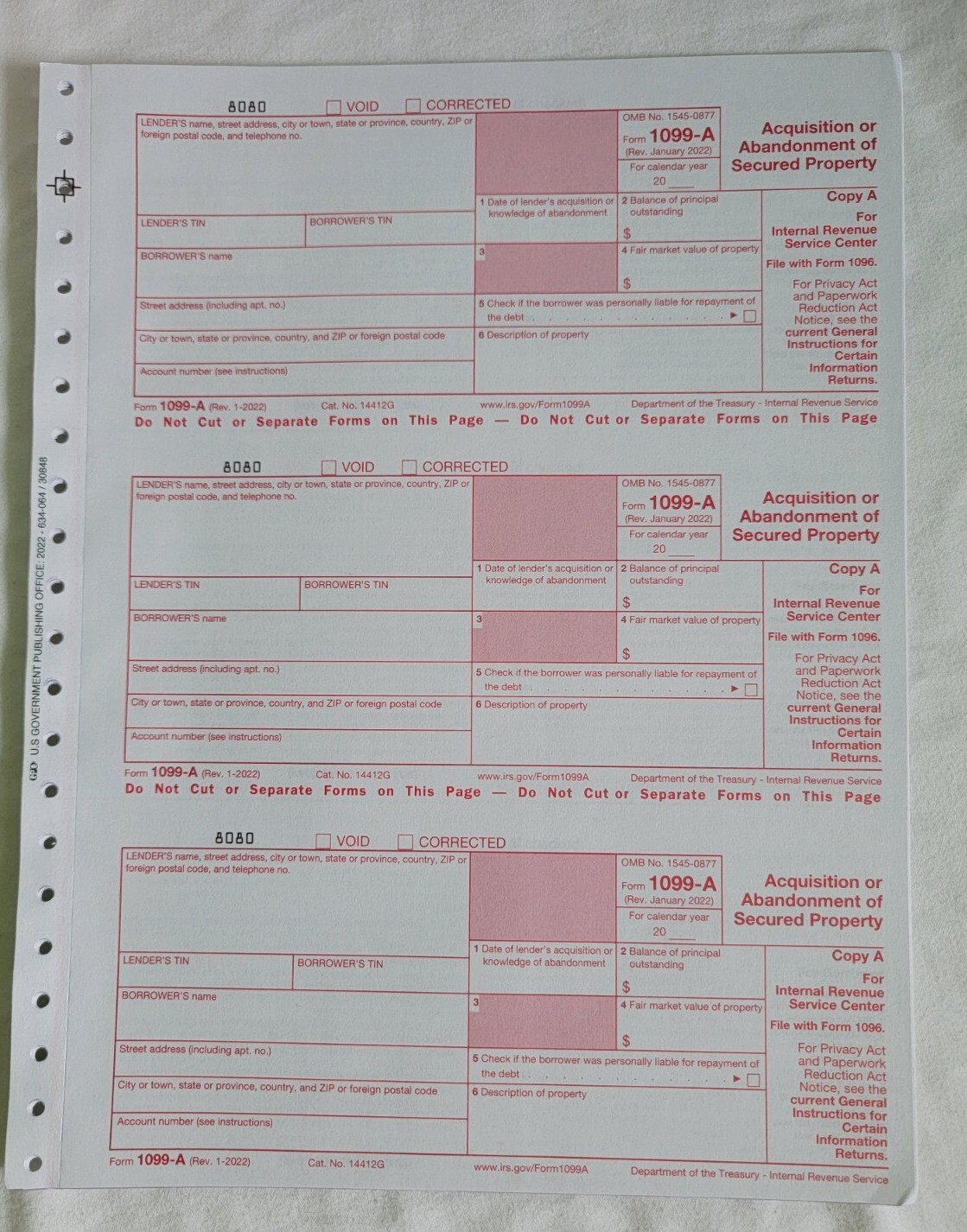 1099-A 2025 IRS Tax Form single sheet set for 3 borrowers, carbonless 3pt 3UP