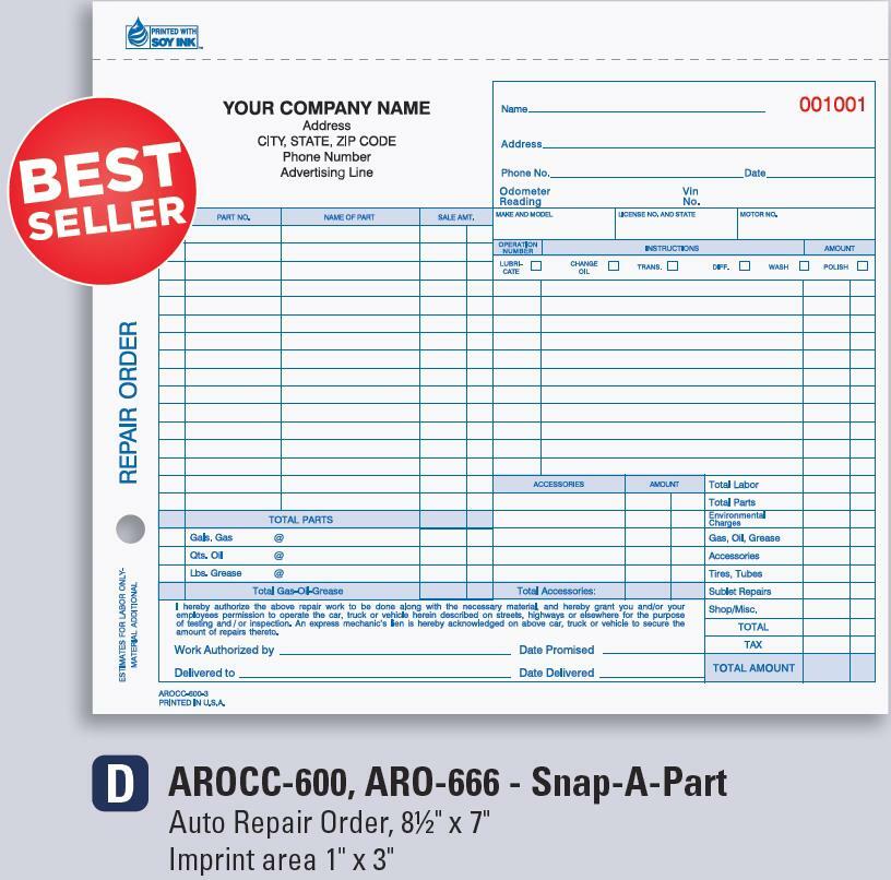 Auto Repair Order / Snap-A-Part Carbonless 3 Part / 8.5″ x 7″ / AROCC-600