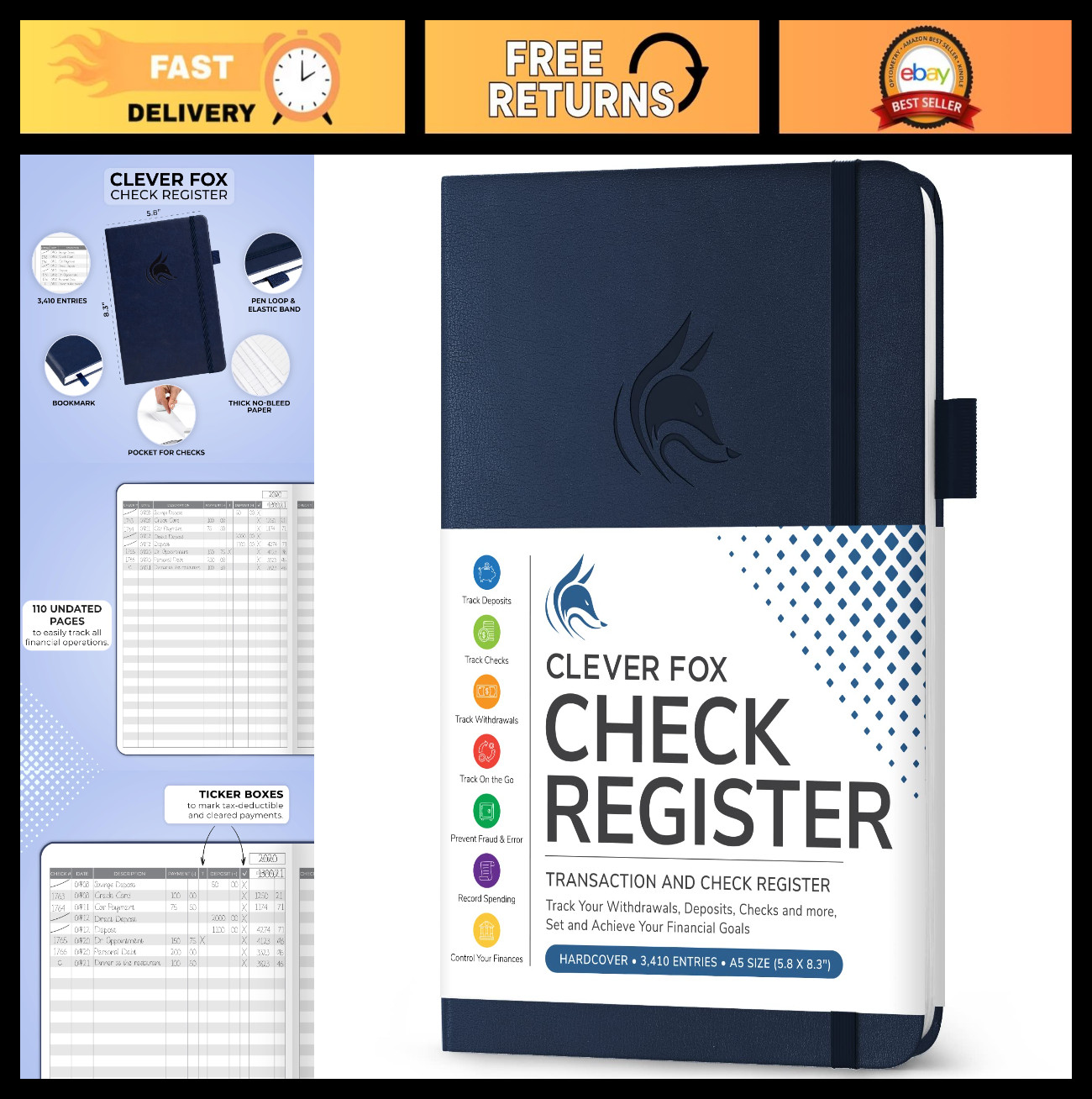Deluxe Check Register Book – A5 Hardcover Accounting Ledger & Transaction Log –