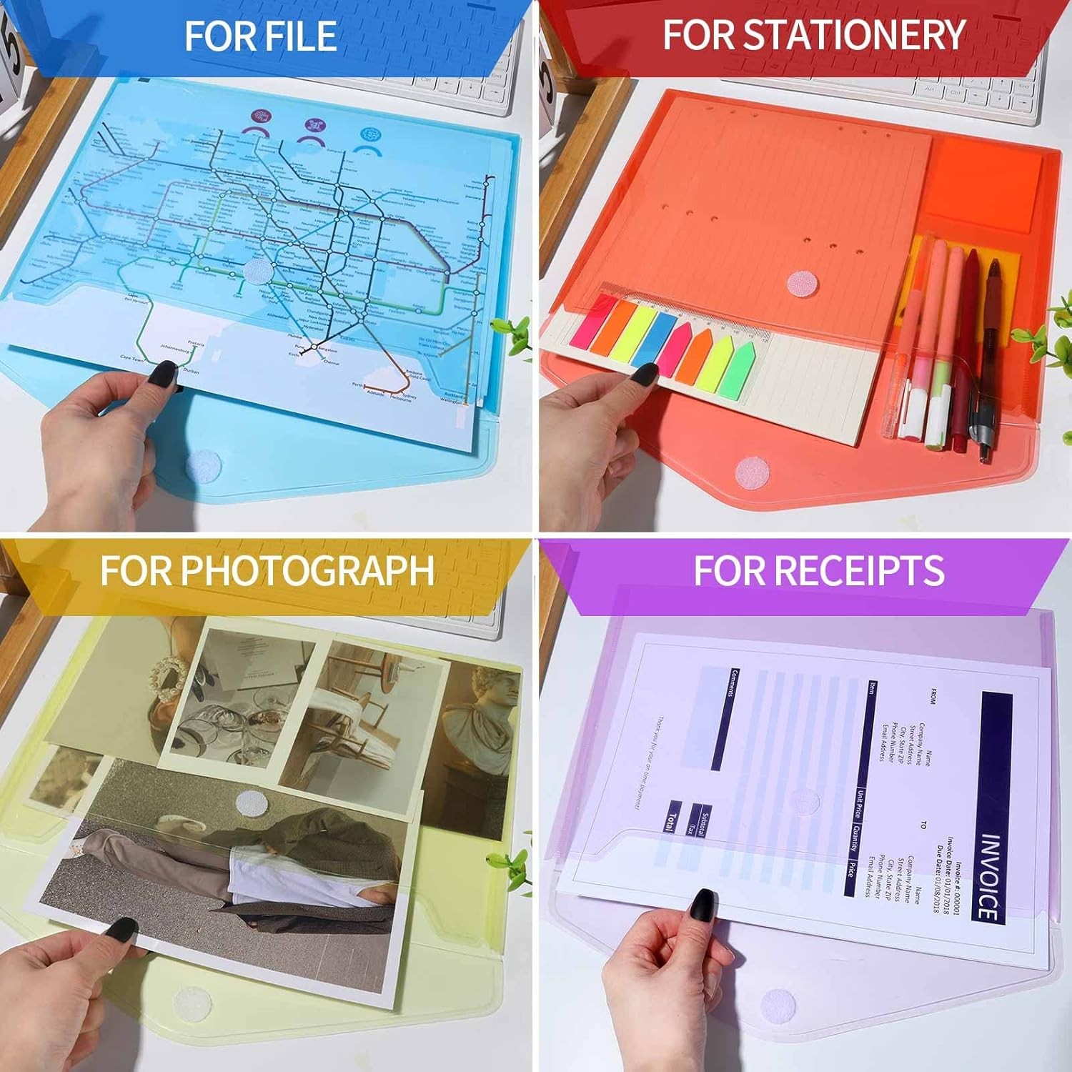 LEOBRO Plastic File Folders for Documents, 6 PCS Envelopes, Rainbow