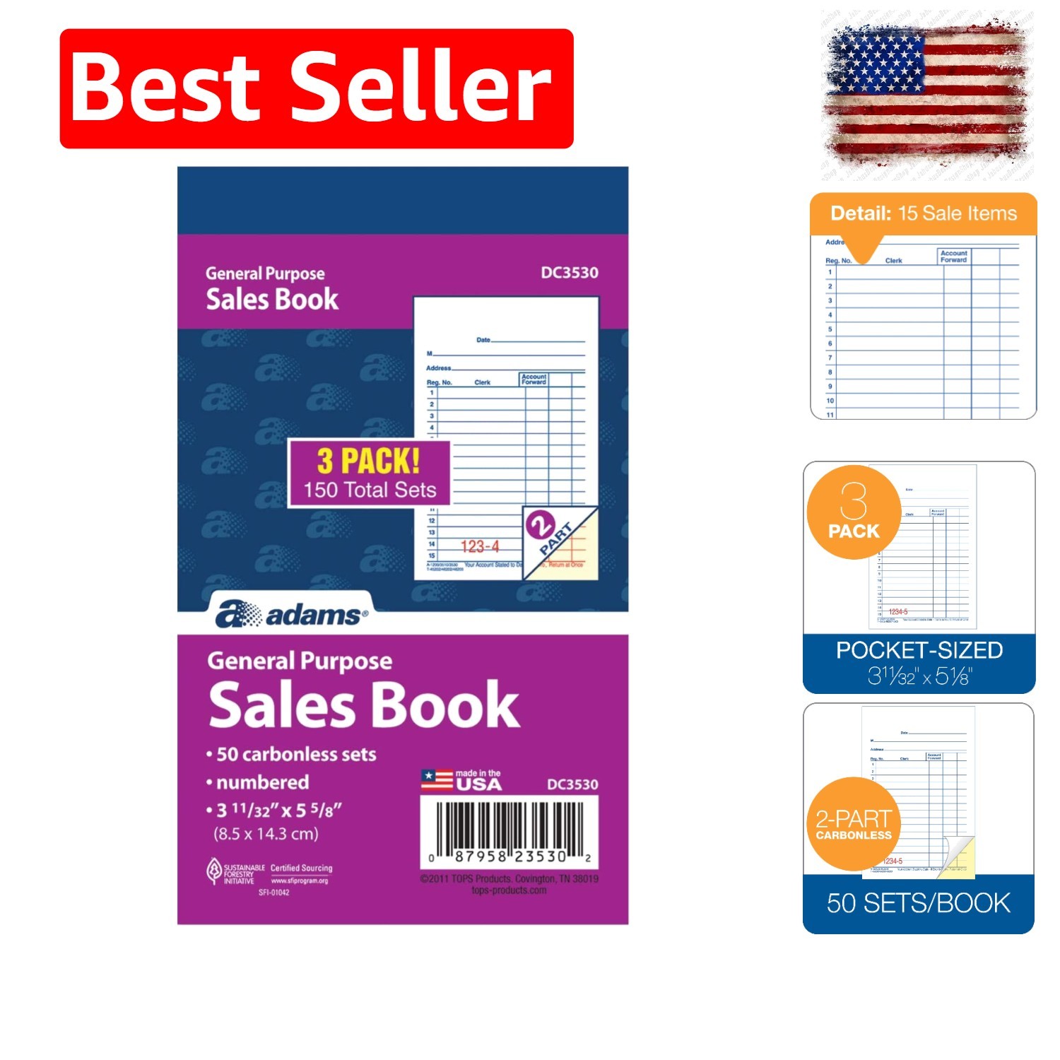 General Purpose Sales Book, 2-Part, Carbonless, White/Canary, 3-11/32 x 5-5/8…