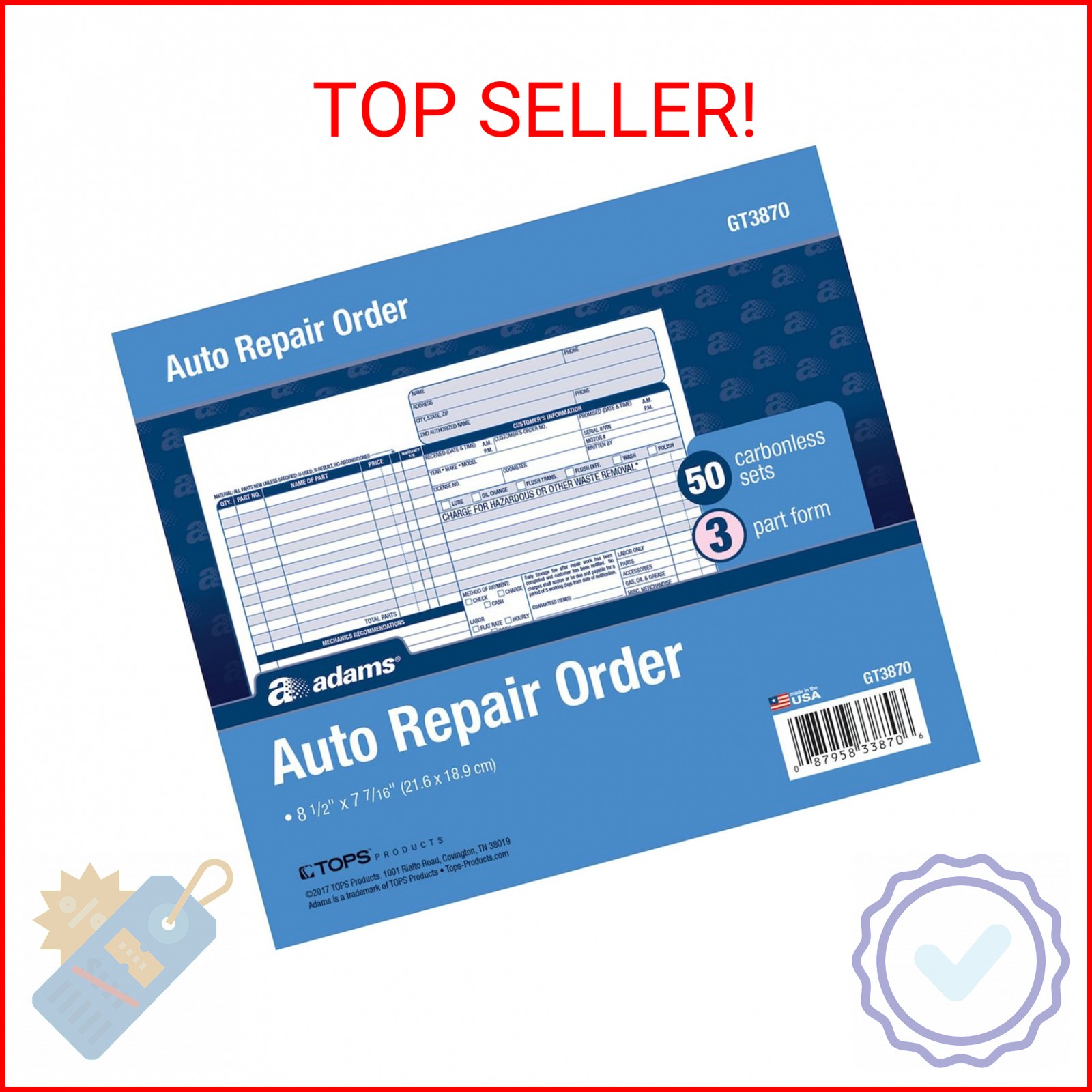 Adams Auto Repair Order Forms, 8.5 x 7.44 Inch, 3-Part, Carbonless, 50-Pack, Whi