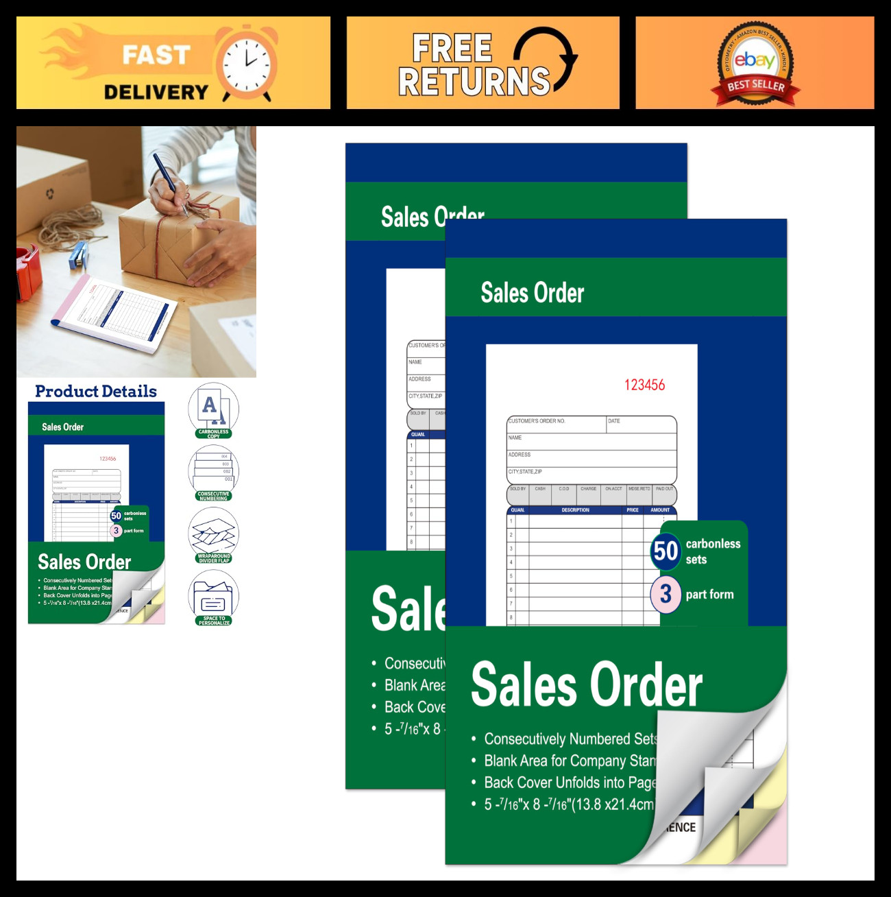 2 Pack Carbonless Sales Order Books – 50 Sets, 3-Part Receipt Forms, 5.5×8.5