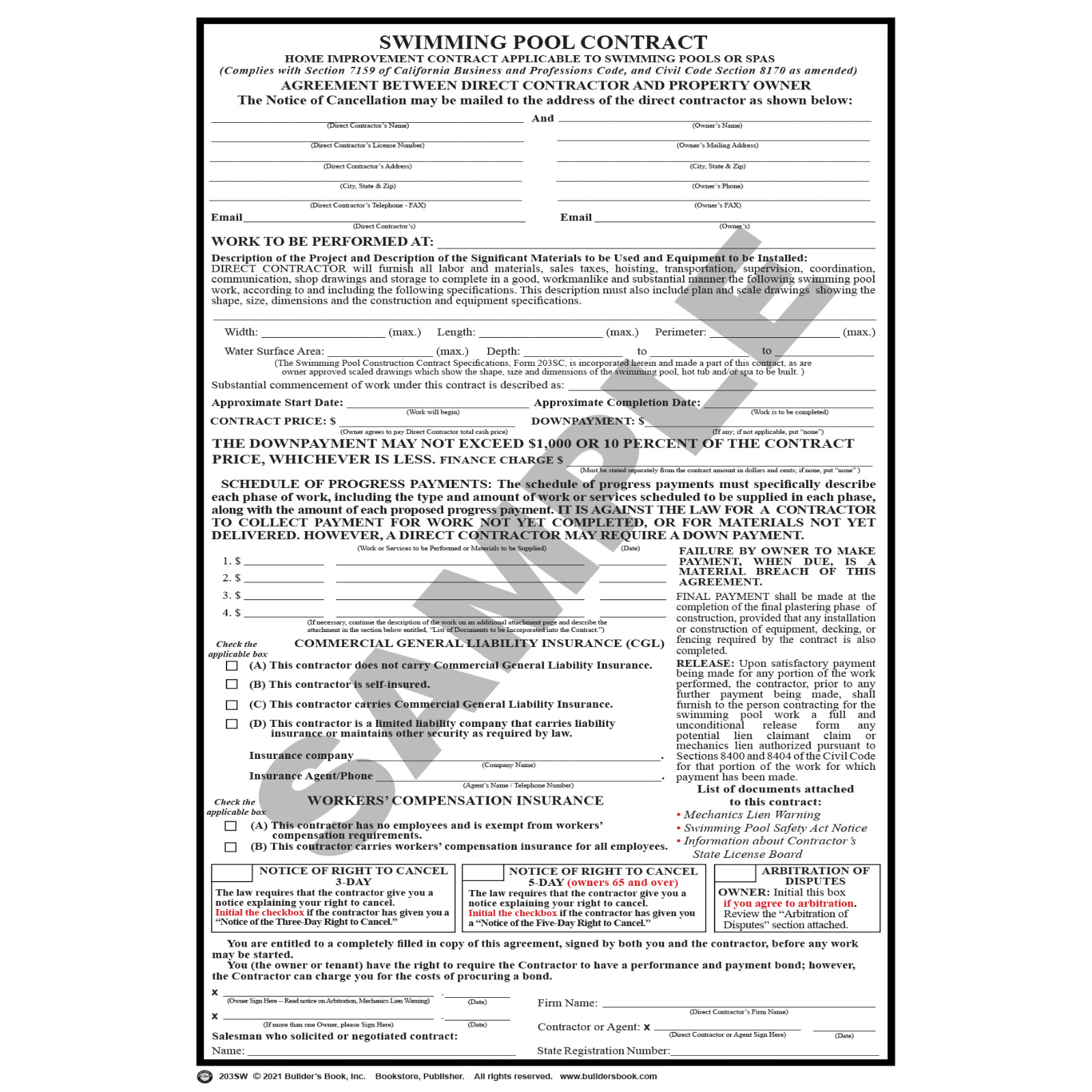 California Swimming Pool Construction Contract Form (Package of 25)