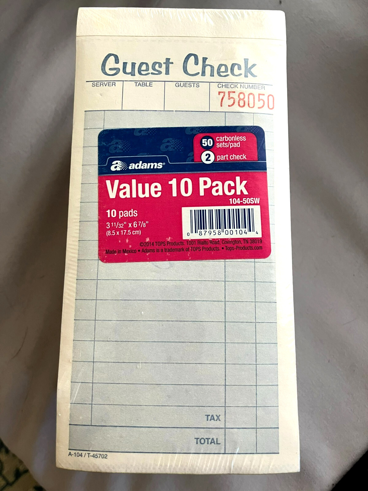 New Adams Guest Check Pads 10 Pack Carbonless 2-Part Checks # 104-50SW