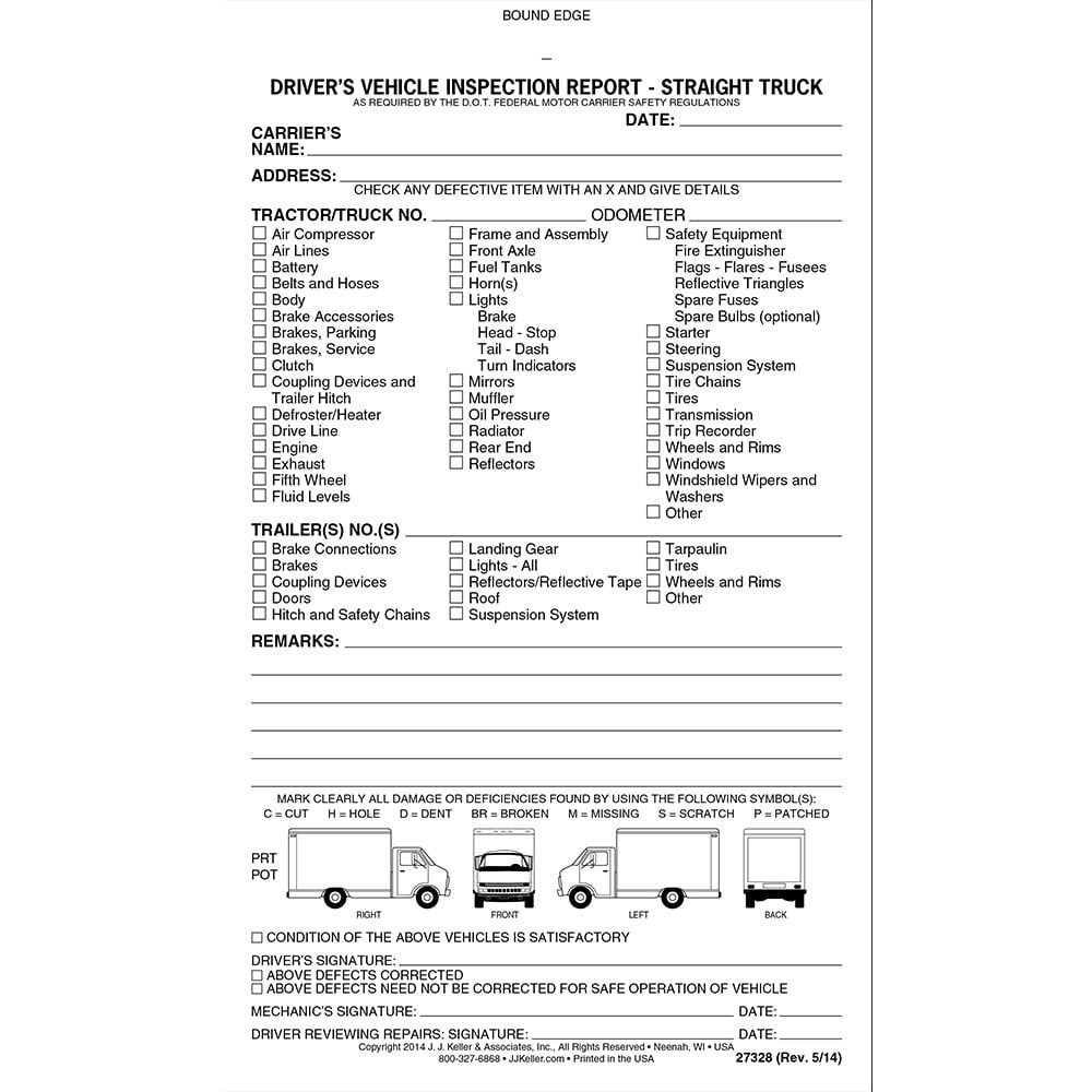 J. J. Keller Straight Truck Detailed DVIR 10-pk., 2-Ply Carbonless, 5.5″ x 9.25″