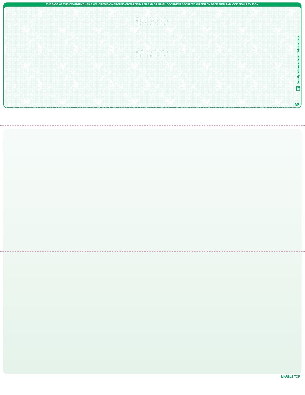 Blank Check Paper Stock – Computer Check On Top MARBLE GREEN Count 2500