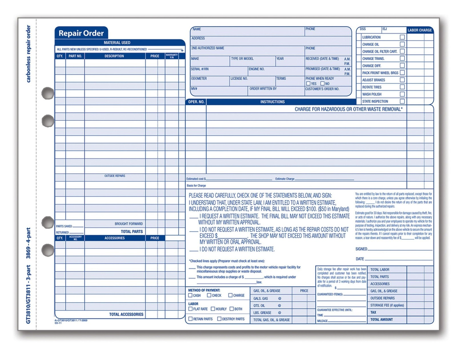 Auto Repair Order Forms 3 Part Carbonless 8.5×11 50 Sets White Canary Tag
