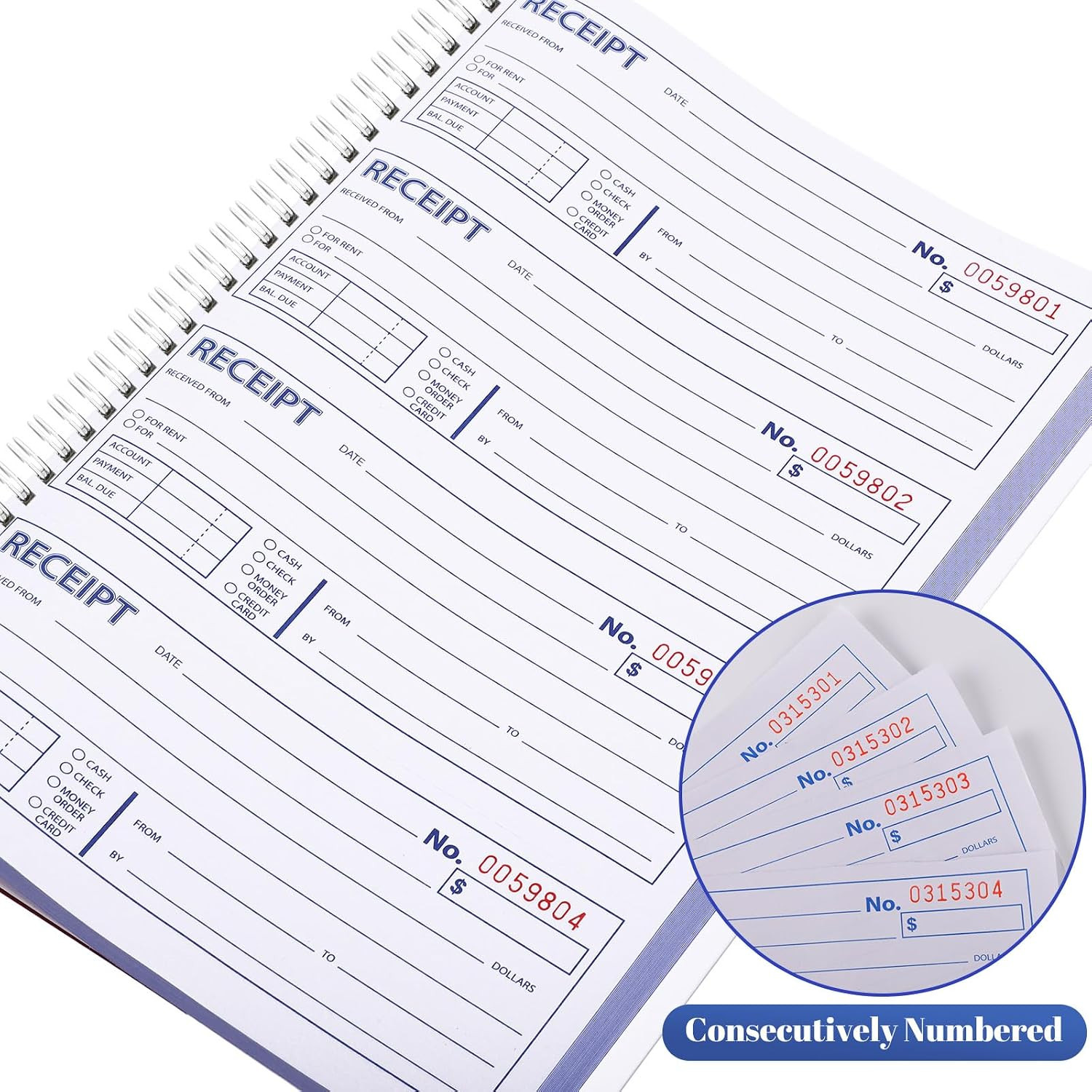 6 Pack Receipt Books with Carbon Copies, Rent Receipt Book, 2-Part Carbonless, 7