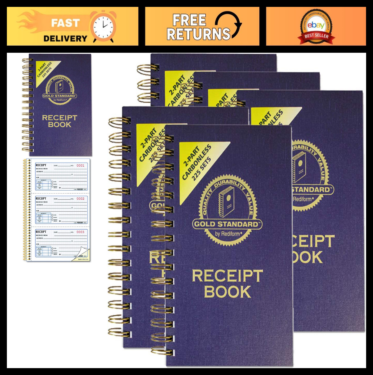 Carbonless Money Receipt Book – Two-Part, 8.5×5.5″, 3 Receipts/Page, 5 Pack