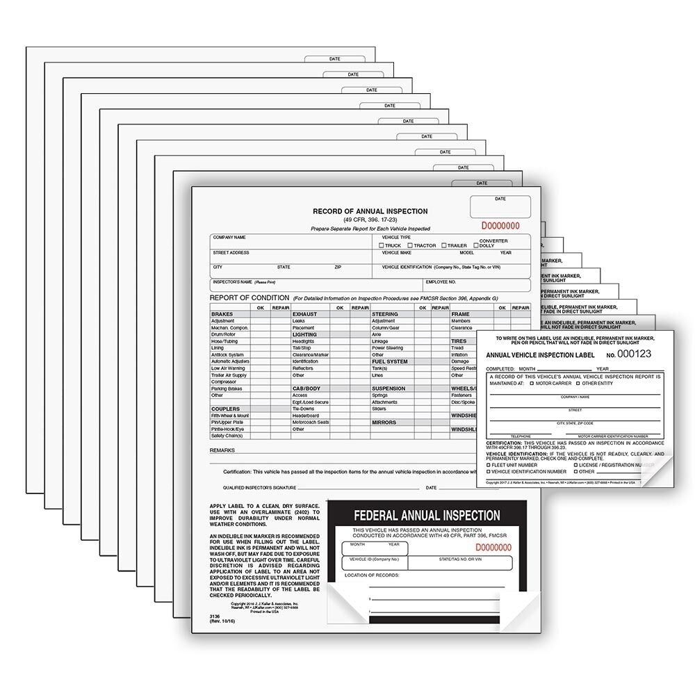 J. J. Keller 10-pk. Record of Annual Inspection Report/Decal 2-Ply Carbonless &