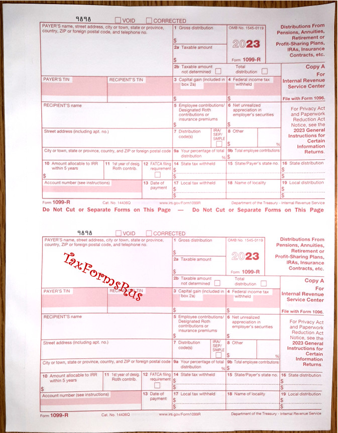 2023 IRS Tax Form 1099-R single sheet set for 2 recipients NONcarbonless 6pt 2up