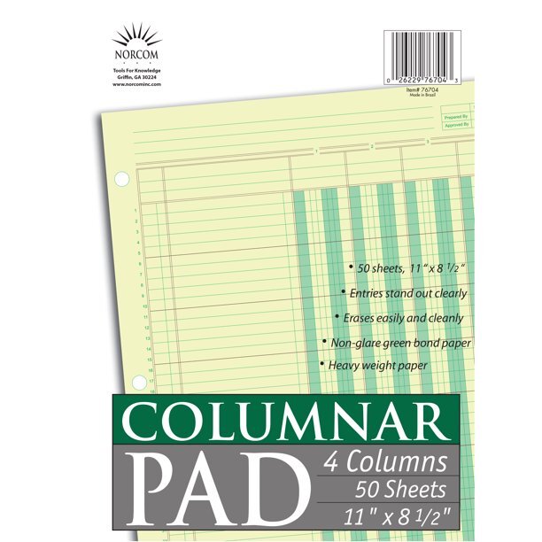 Norcom Columnar Pad, 4 Columns, 11 x 8.5 Inches, 50 Sheets