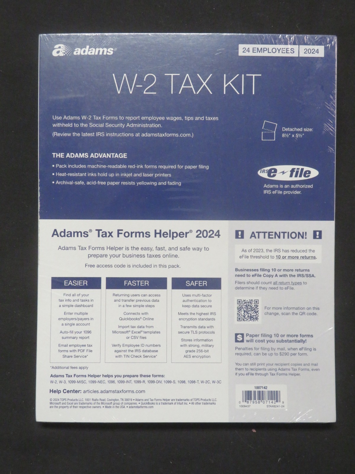 2024 Adams W-2 Tax Kit 24 6-Part Sets, 3 W-3 Summary Forms, 5 Free Fed e-File