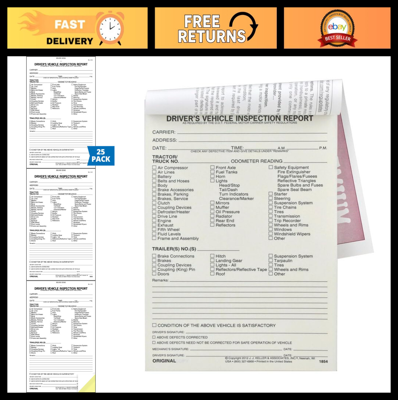 Vehicle Inspection Report 25-Pack – Carbonless, 2-Ply, 5.5″x8.5″, FMCSR Complian