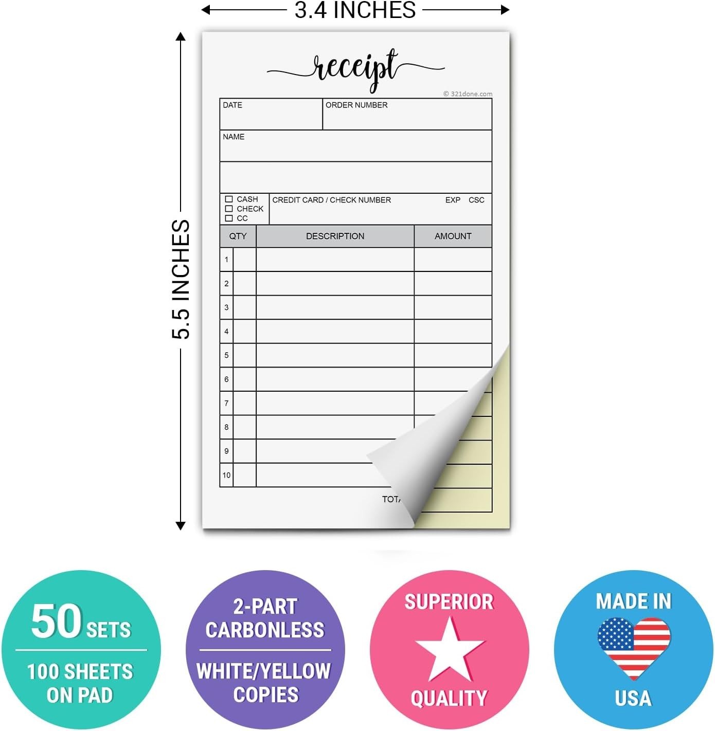 Receipt Pad, – 3.4×5.5 Handheld 2-Part Carbonless, Carbon Duplicate Copy Sal…
