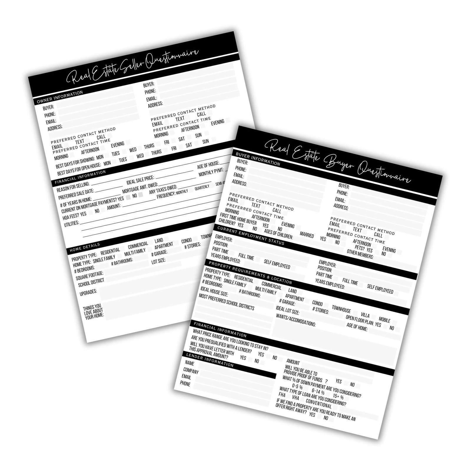 50 PCS Real Estate Buyer Seller Questionnaire Agent Form 8.5×11 Inch Mailer