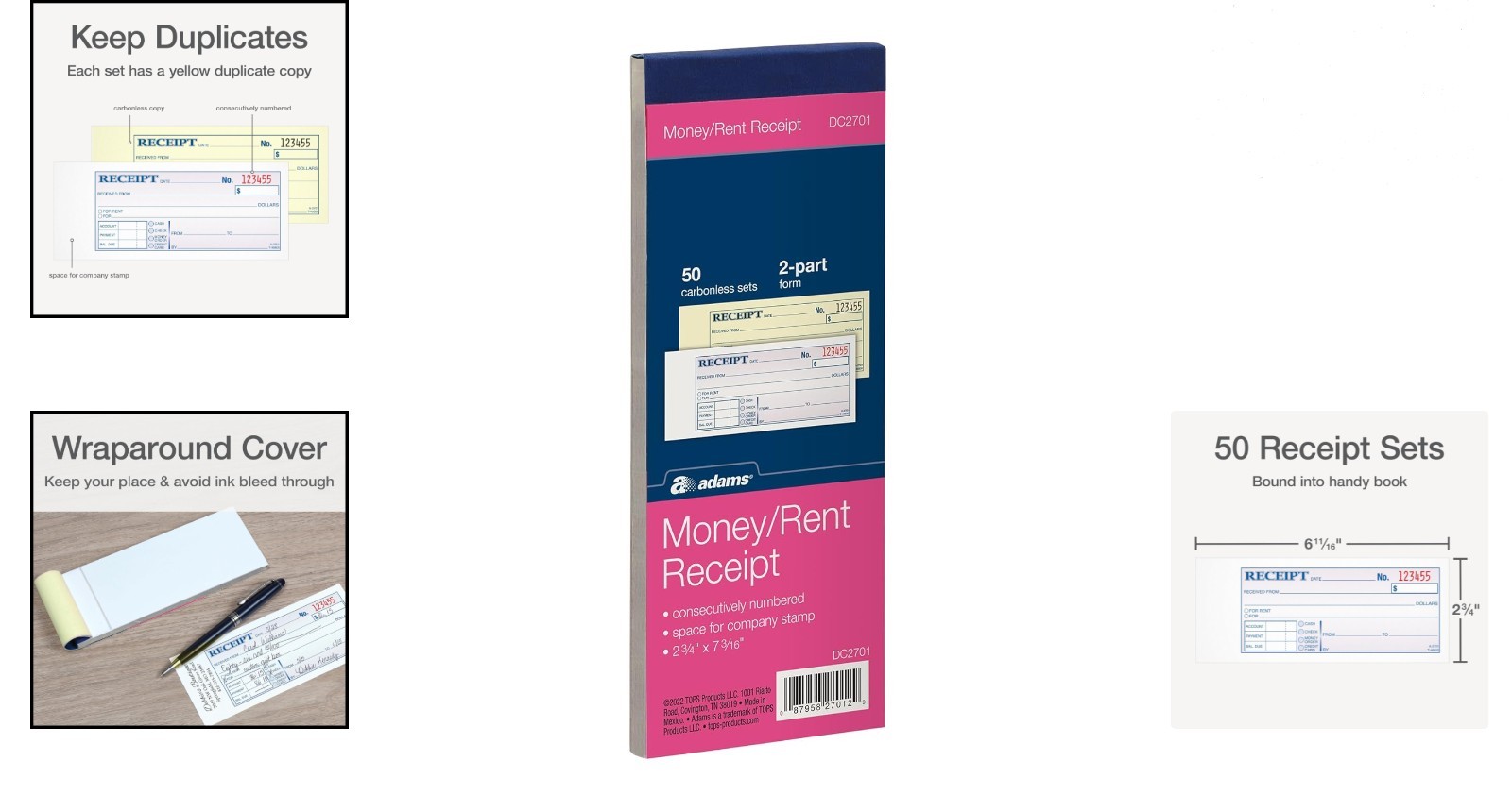 Adams 2-Part Carbonless Receipt Book – 50 Sets, 2.75” x 7.19”, White & Canary