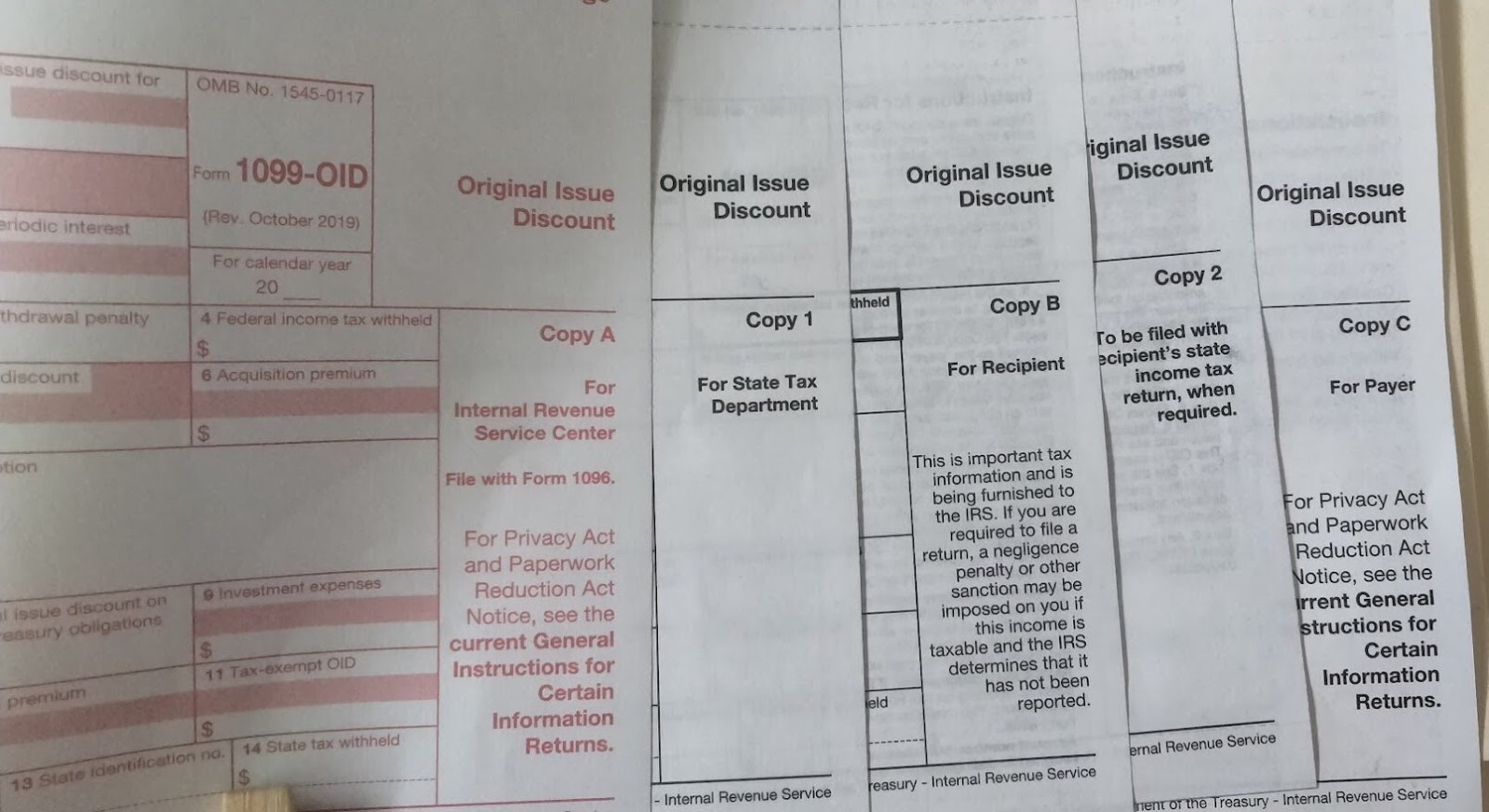 5 SHEETS 1099-OID IRS Original Issue Discount & 1096 Transmittal Forms