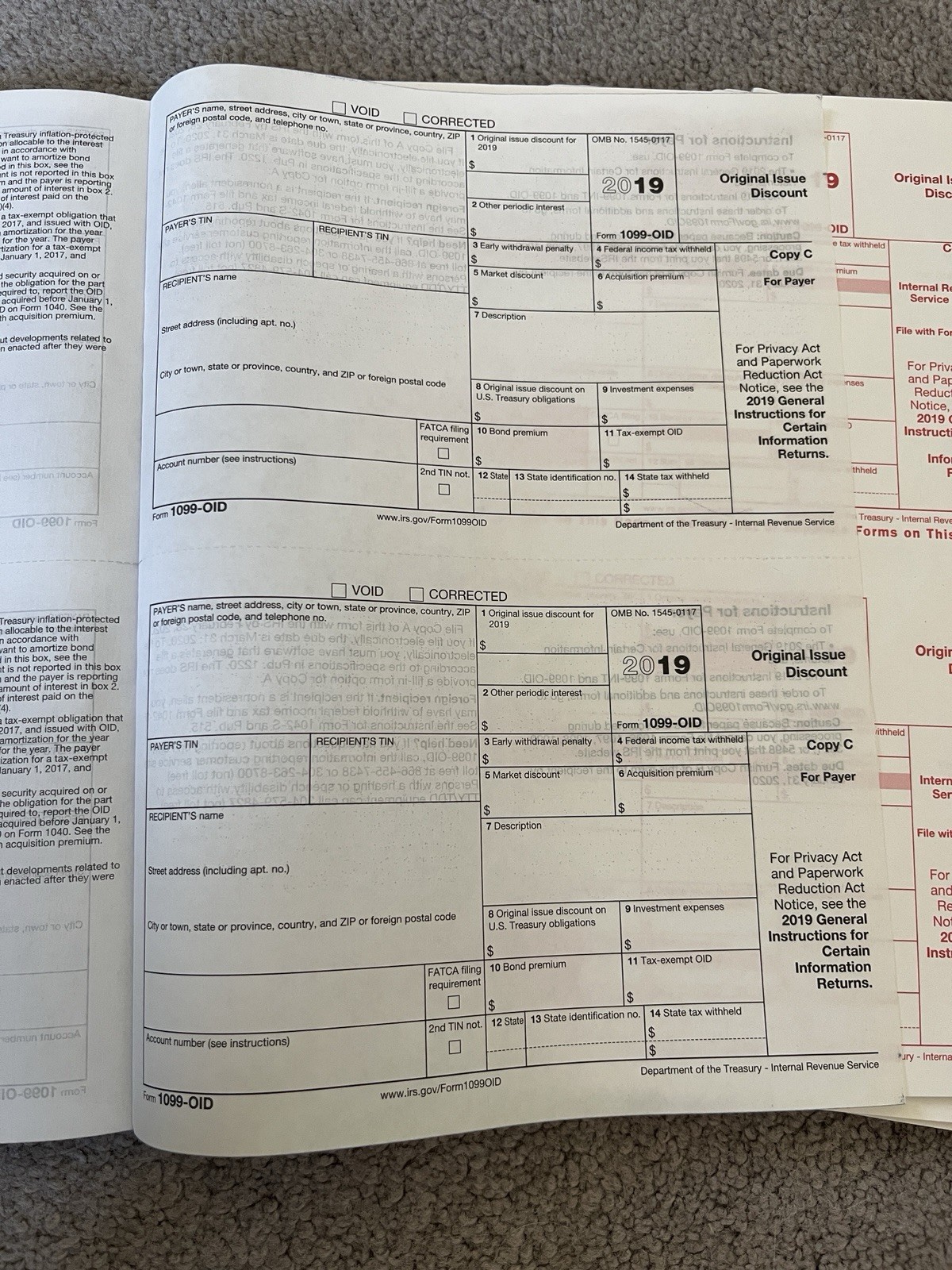 1099-OID 2019 Year – 20 Pack 2 part set carbonless IRS Tax Form 40 slots total