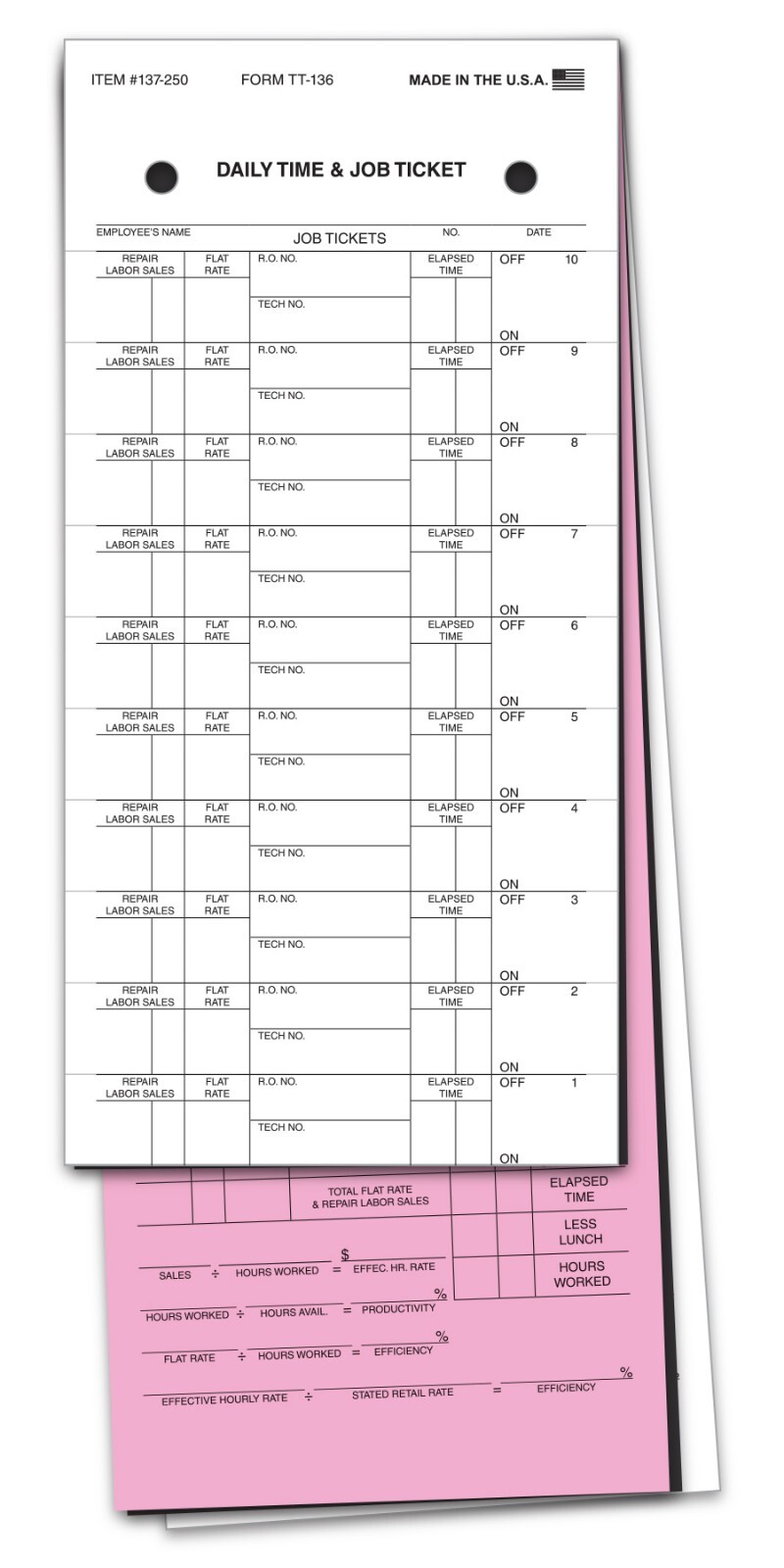 Job Time Tickets (Form TT-136) – 4-1/4″ × 11-1/8″, 3-Part, Pink & White Tag