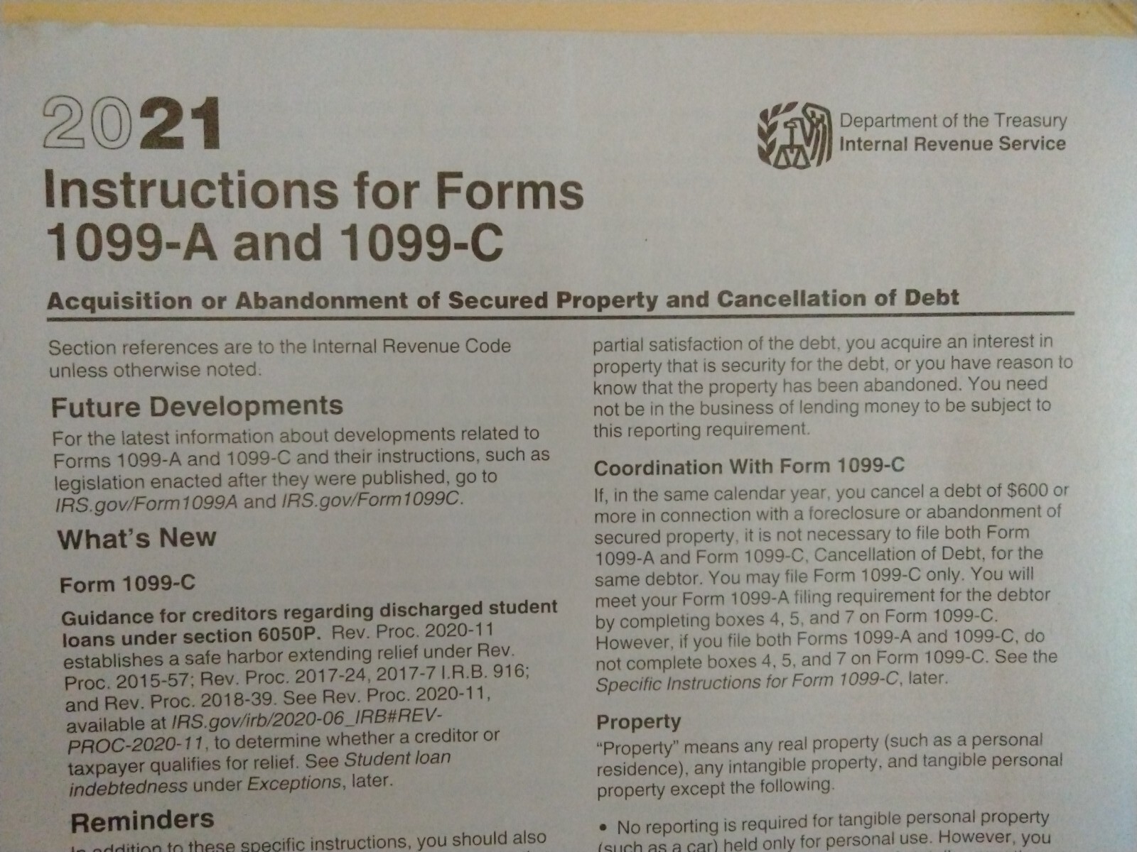 2021: 5 SHEETS 1099-A Acquisition/Abandon of Sec Prop & 3=1096 Transmittal Forms