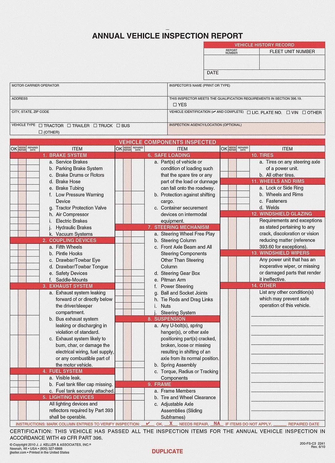 50-Pack Annual Vehicle Inspection Report Forms, Carbonless 3-Ply, DOT Compliant