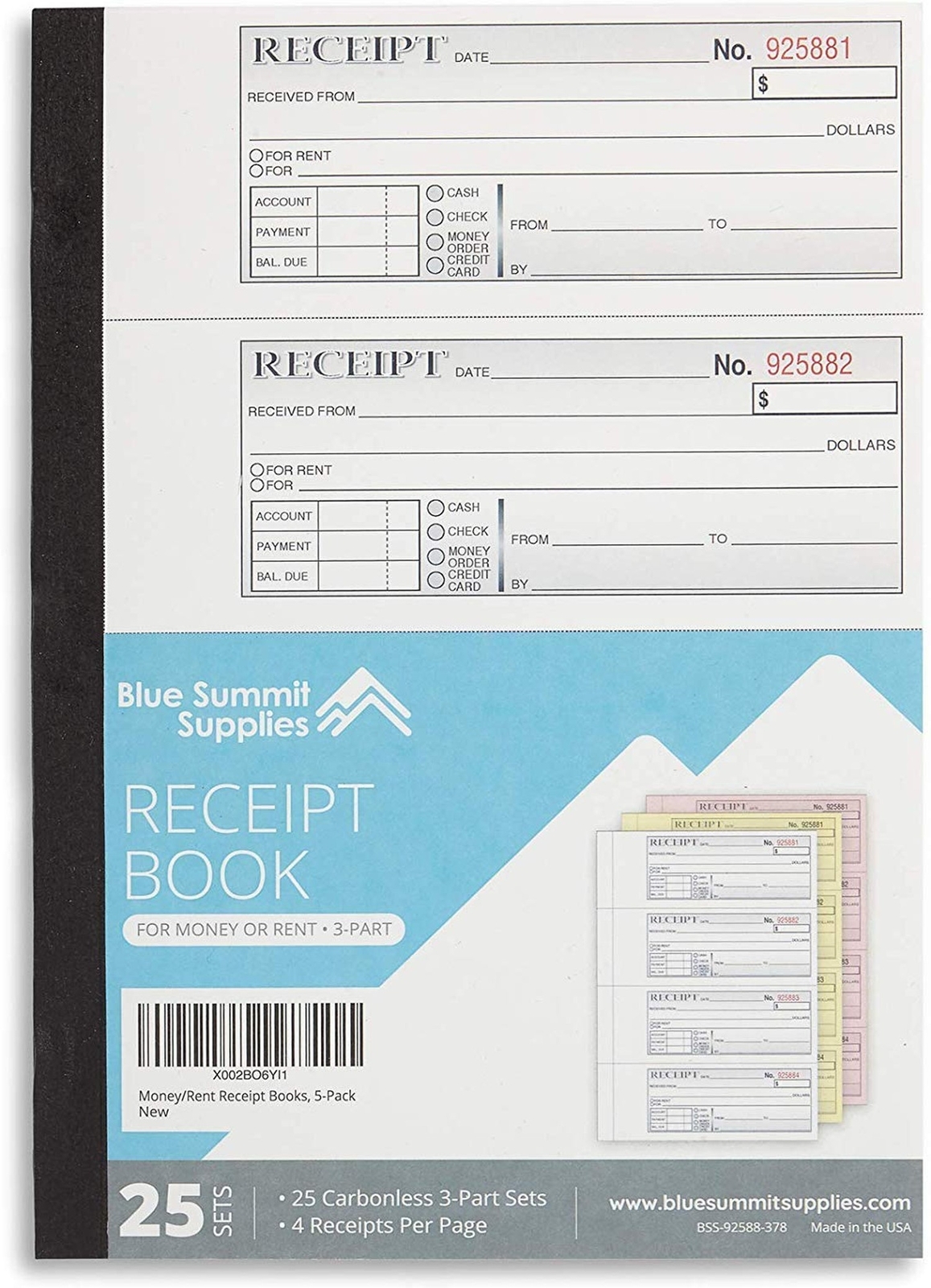 Blue Summit Supplies Triplicate Receipt Book, 100 per Book, 500 Total, 5 Pack…