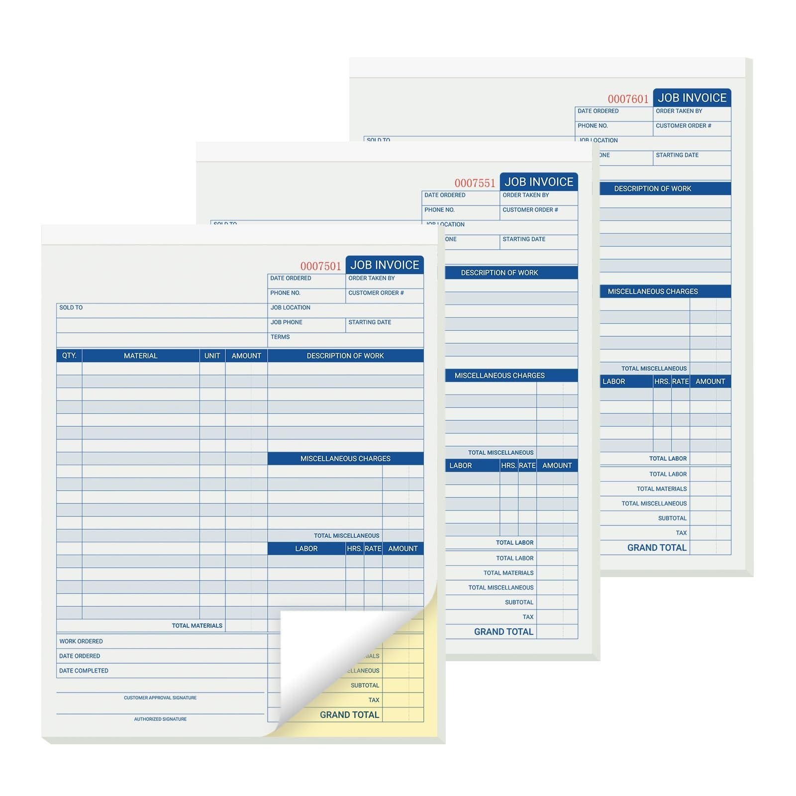 50 Sets Job Invoice Forms – 2 Part Carbonless Work Order Forms 8.5×11