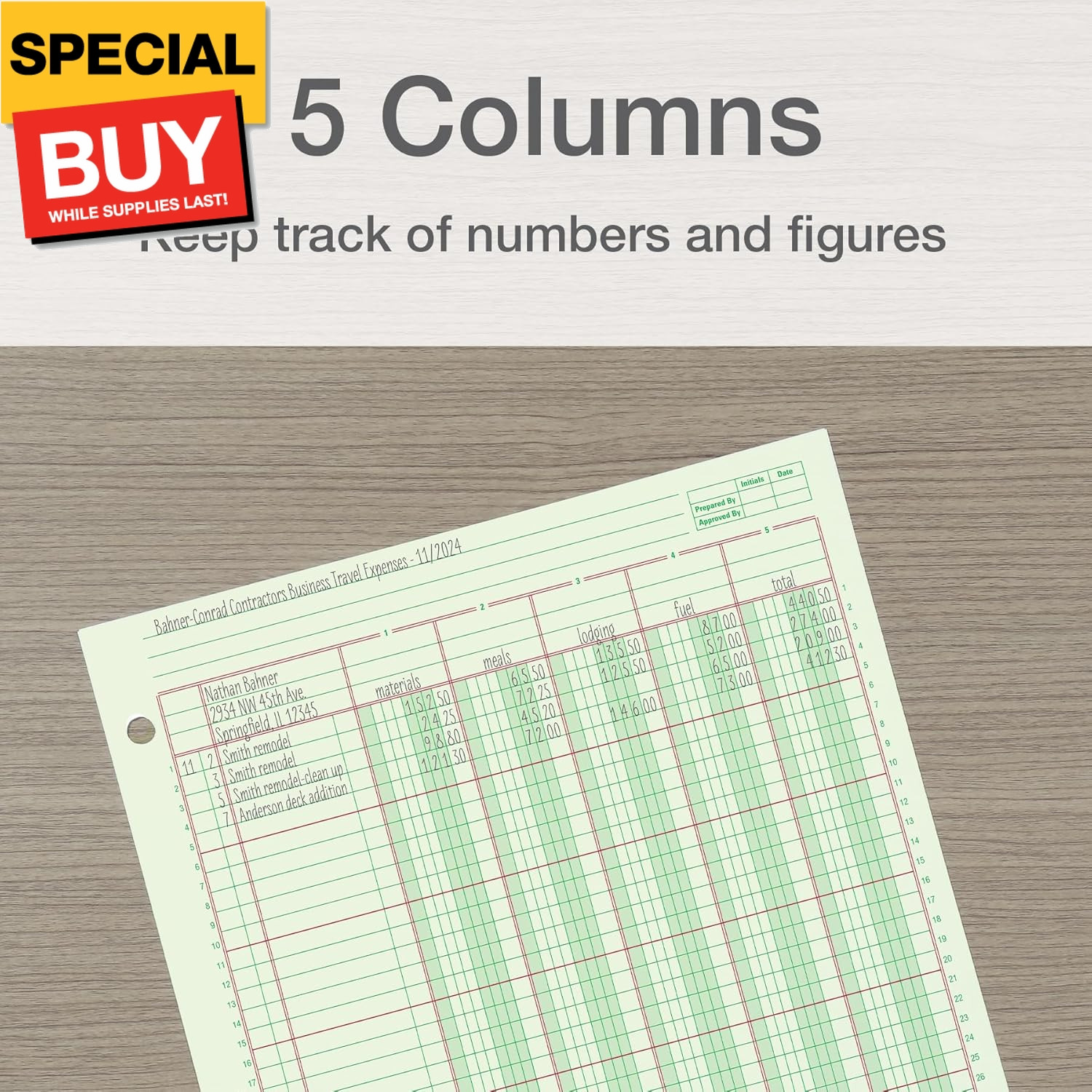 Columnar Analysis Pad, 5 Column Ledger, 8.5″ x 11″, 100 Pages (50 Sheets), Green