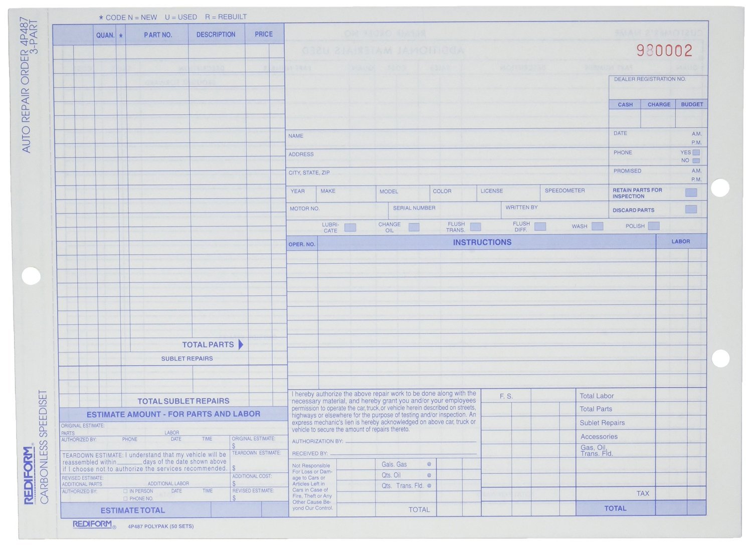 Auto Repair Carbonless 3 Part 8.5 x 11 inches, 50 Forms Of Auto Repair Receipt