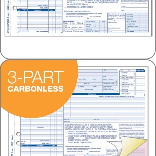 Garage Repair Order Forms – 3 Part, 50 Sets, 8.5×11.44″, White & Canary Paper