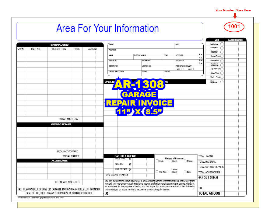 AUTO GARAGE REPAIR INVOICE CUSTOM PRINTED 2 or 3 Part Carbonless