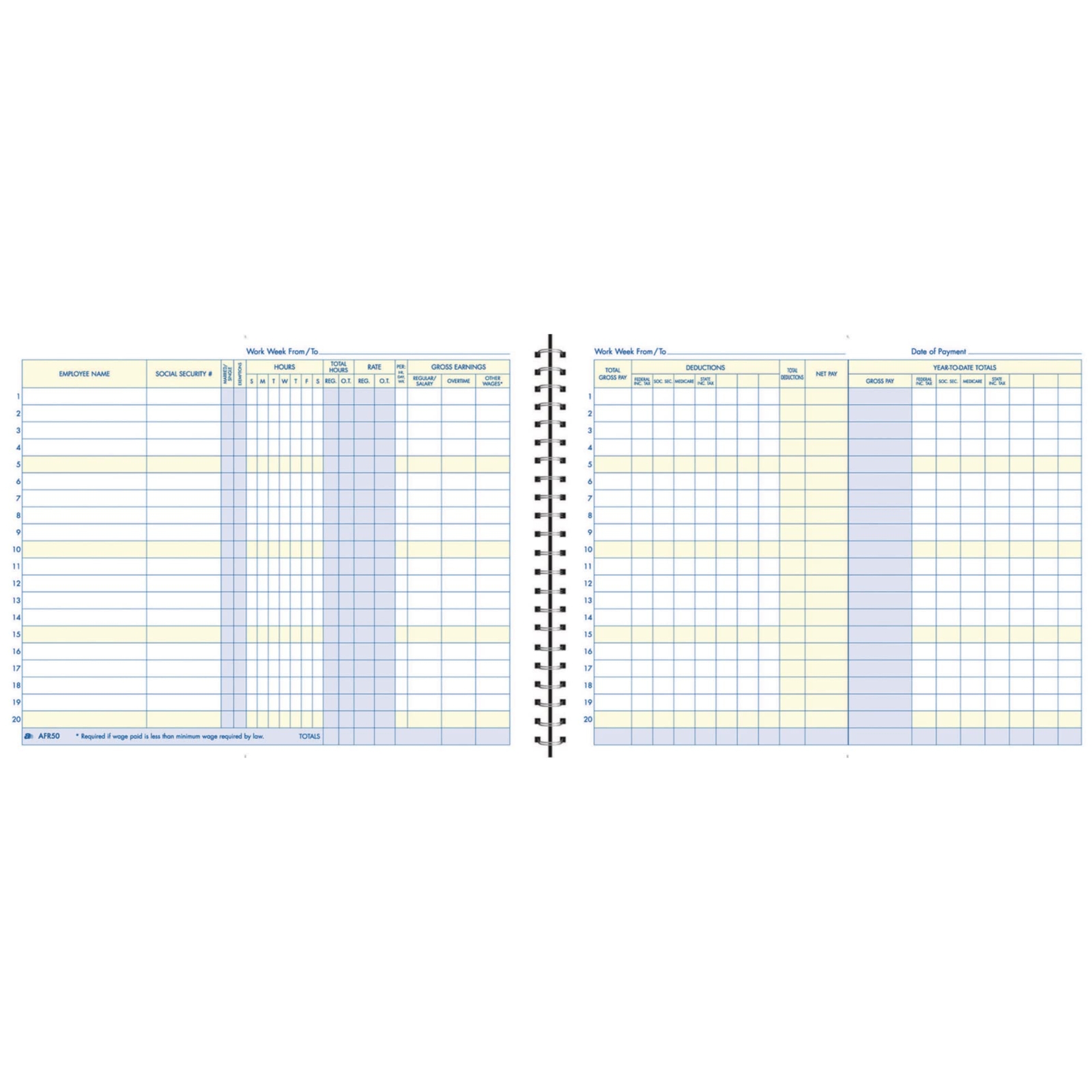 Adams Weekly Payroll Record Book Spiral Binding Track Hours Pay Taxes 20 Empl…