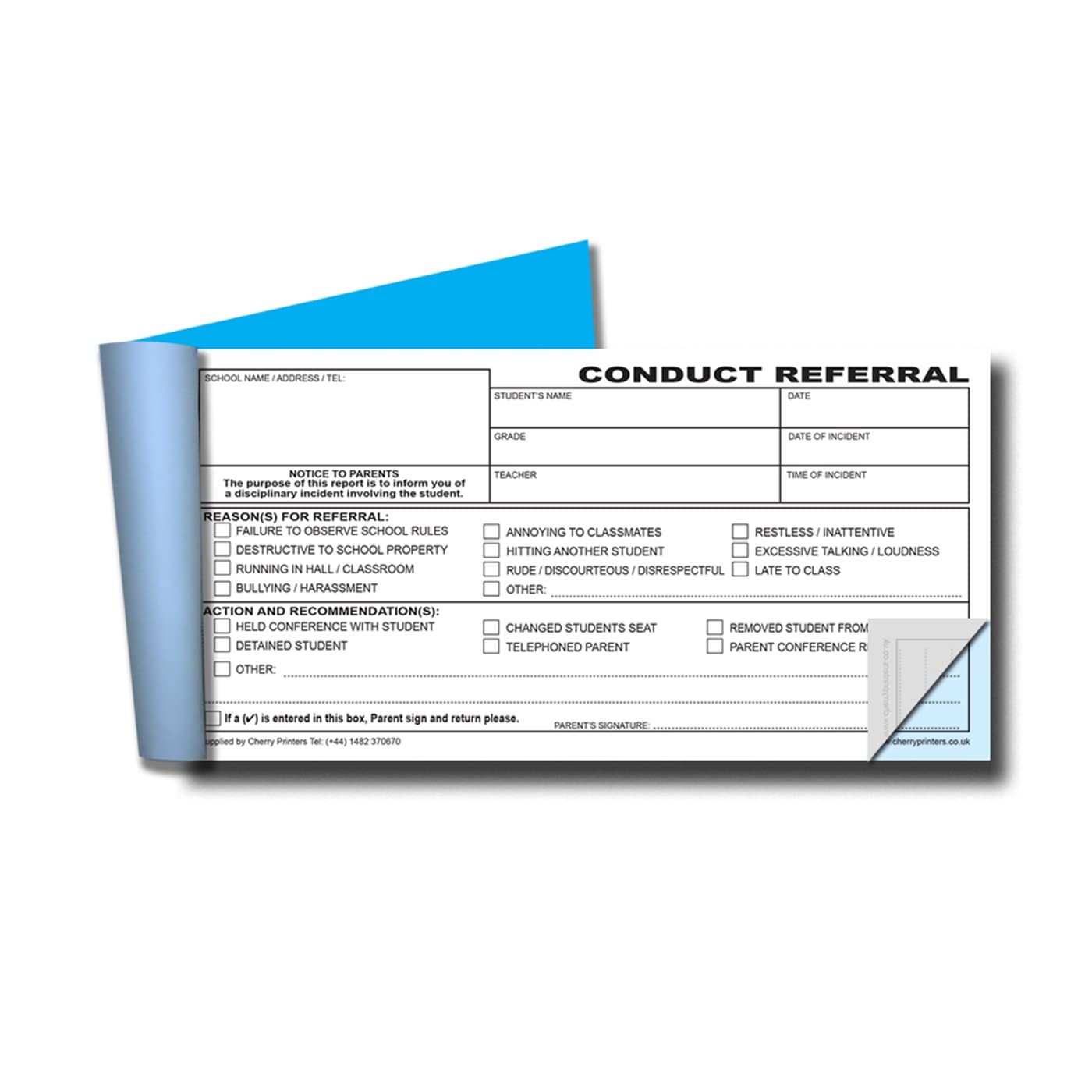 50 Duplicate Cherry Conduct Referral Slips for Schools, 2pt Carbonless Book