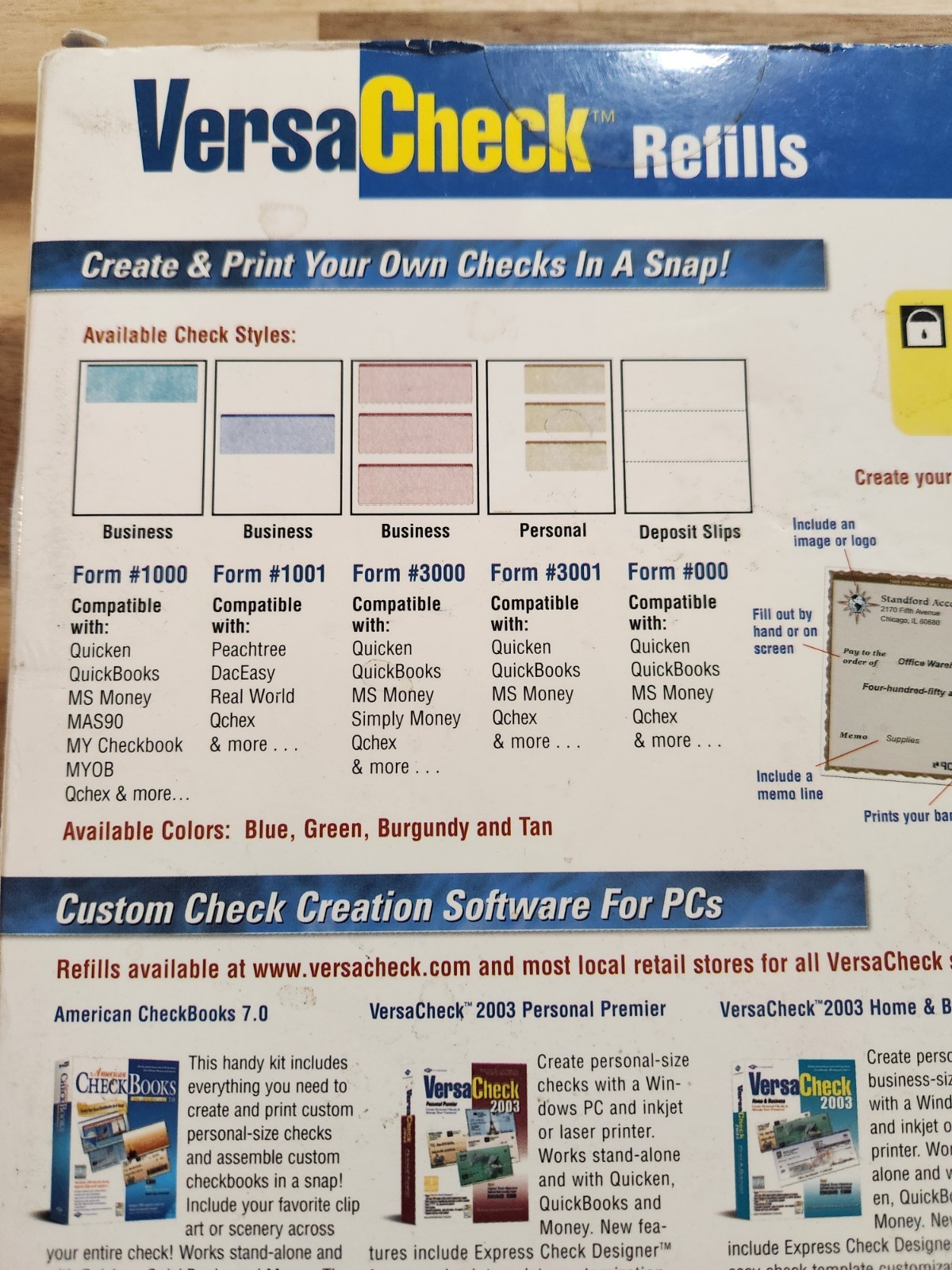 VersaCheck Blank Business Checks Refills: Form #1000 Prestige Style Green