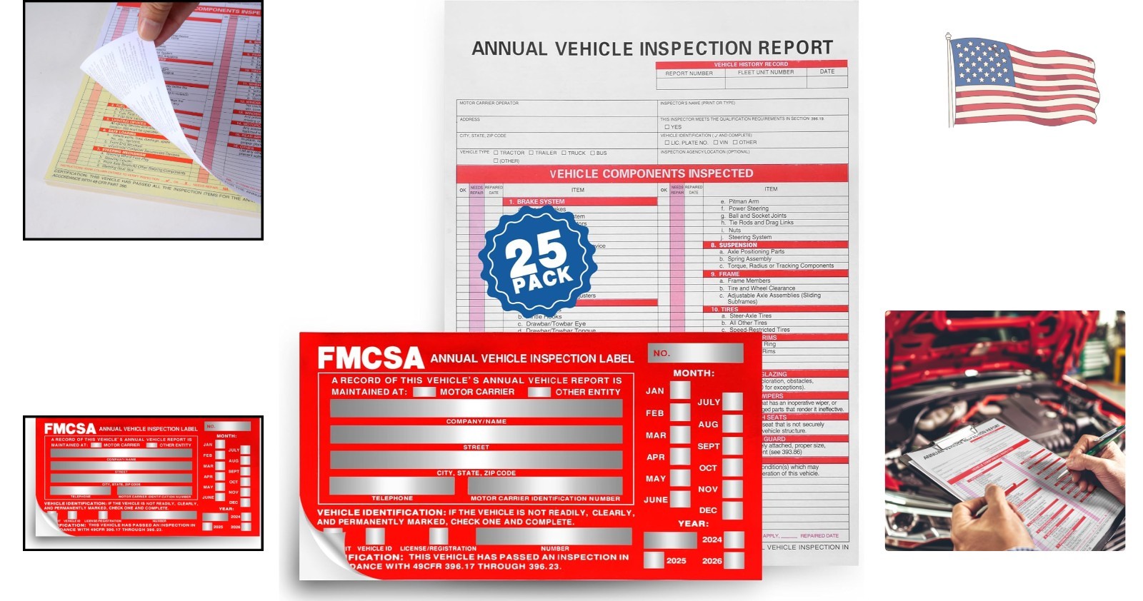 Complete 25 Pack Vehicle Inspection Kit – Red Adhesive Stickers & Forms Included