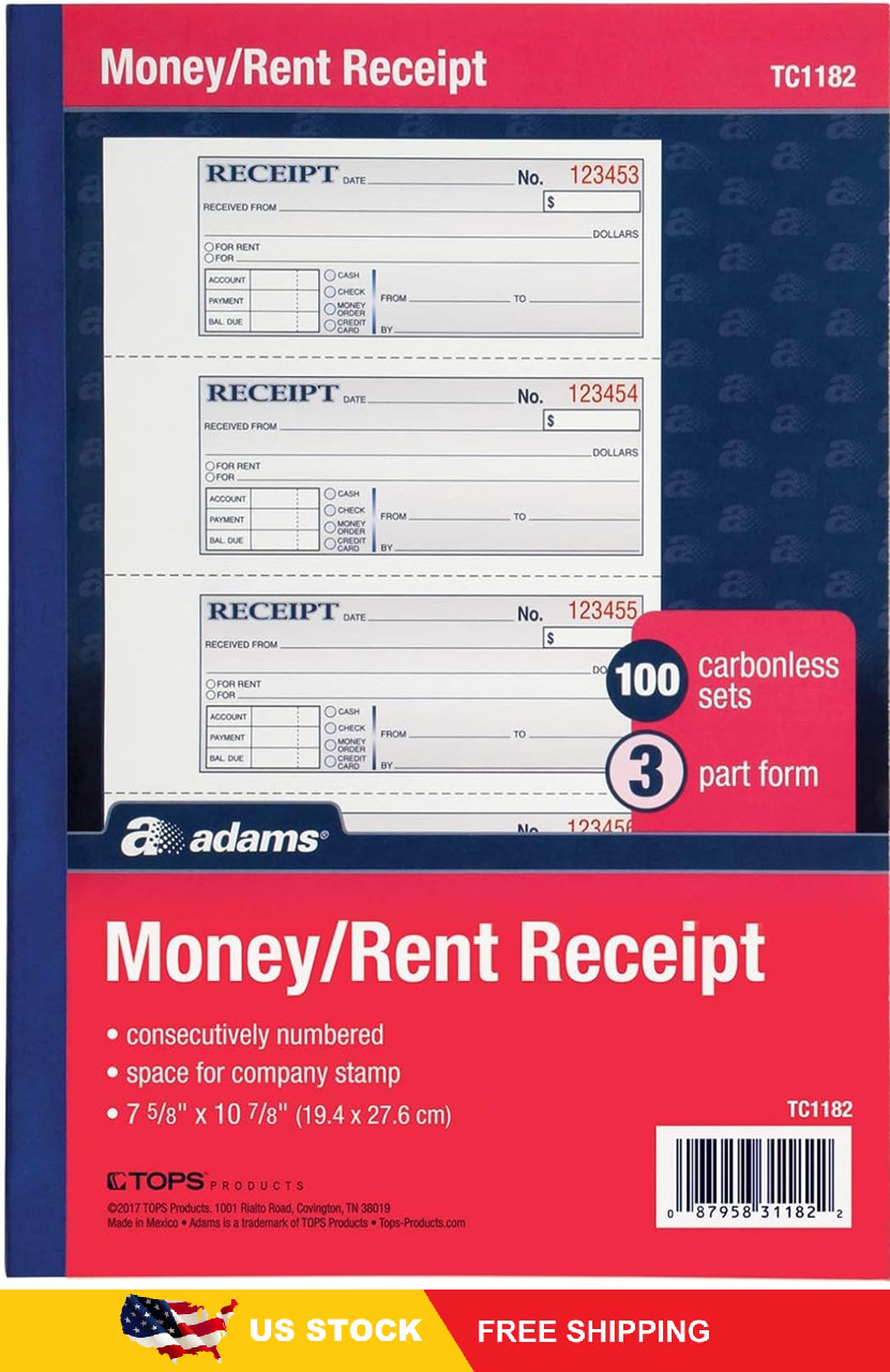 Adams Money and Rent Receipt Book, 3-Part,White/Canary/Pink, 7 – 5/8 x 10 – 7/8,