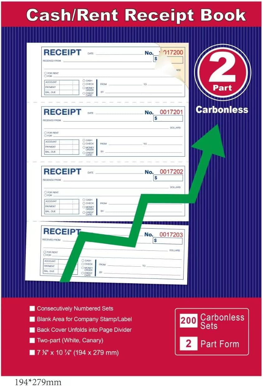 Money and Rent Receipt Book 2-Part Carbonless 7-5/8″ X 11″ Spiral Bound 200 Sets