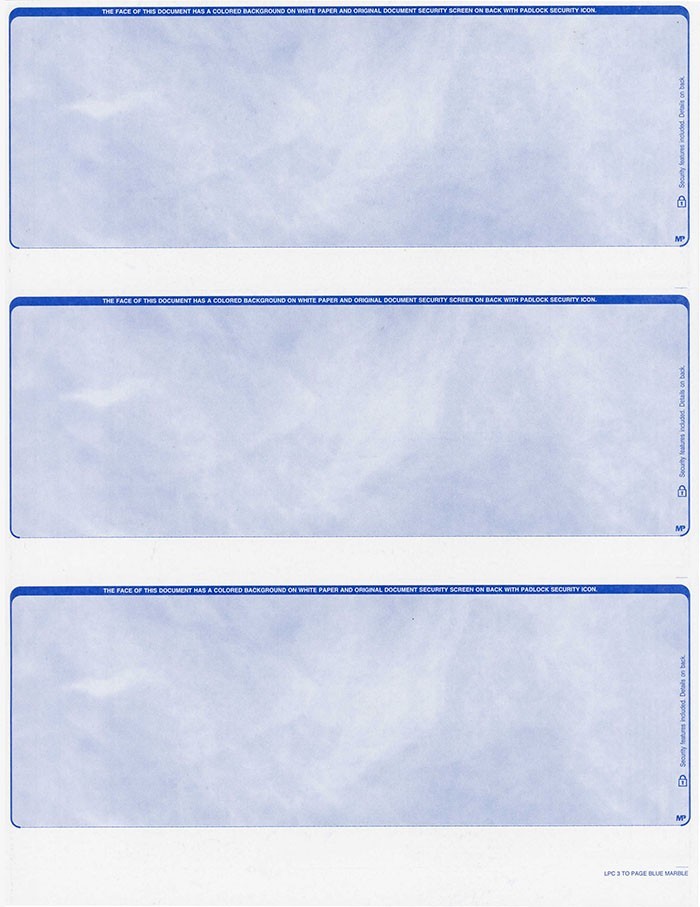 300 checks Blank Security Check Stock Paper – 3 Per Page – (Marble Blue)