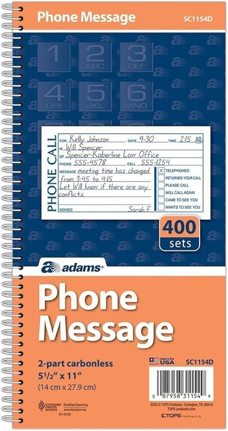 Adams Phone Message Book 2-Part Carbonless 5.5″ x 11″ Pack of 5 | Office Message