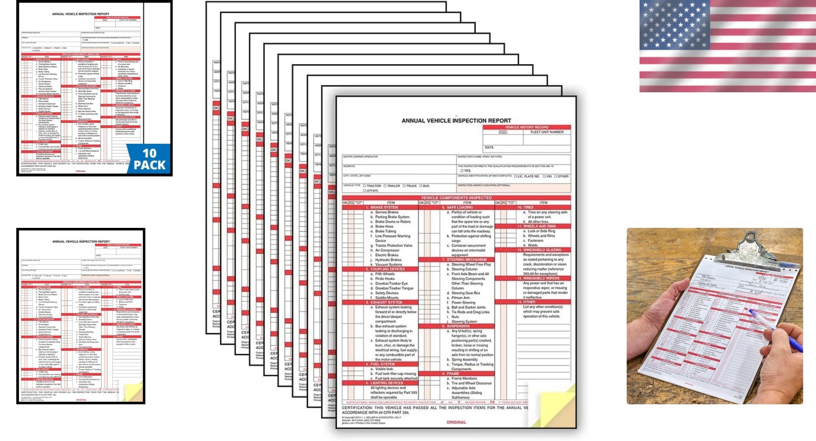 10-Pack DOT Compliant Annual Vehicle Inspection Report Forms – Carbonless 3-Ply