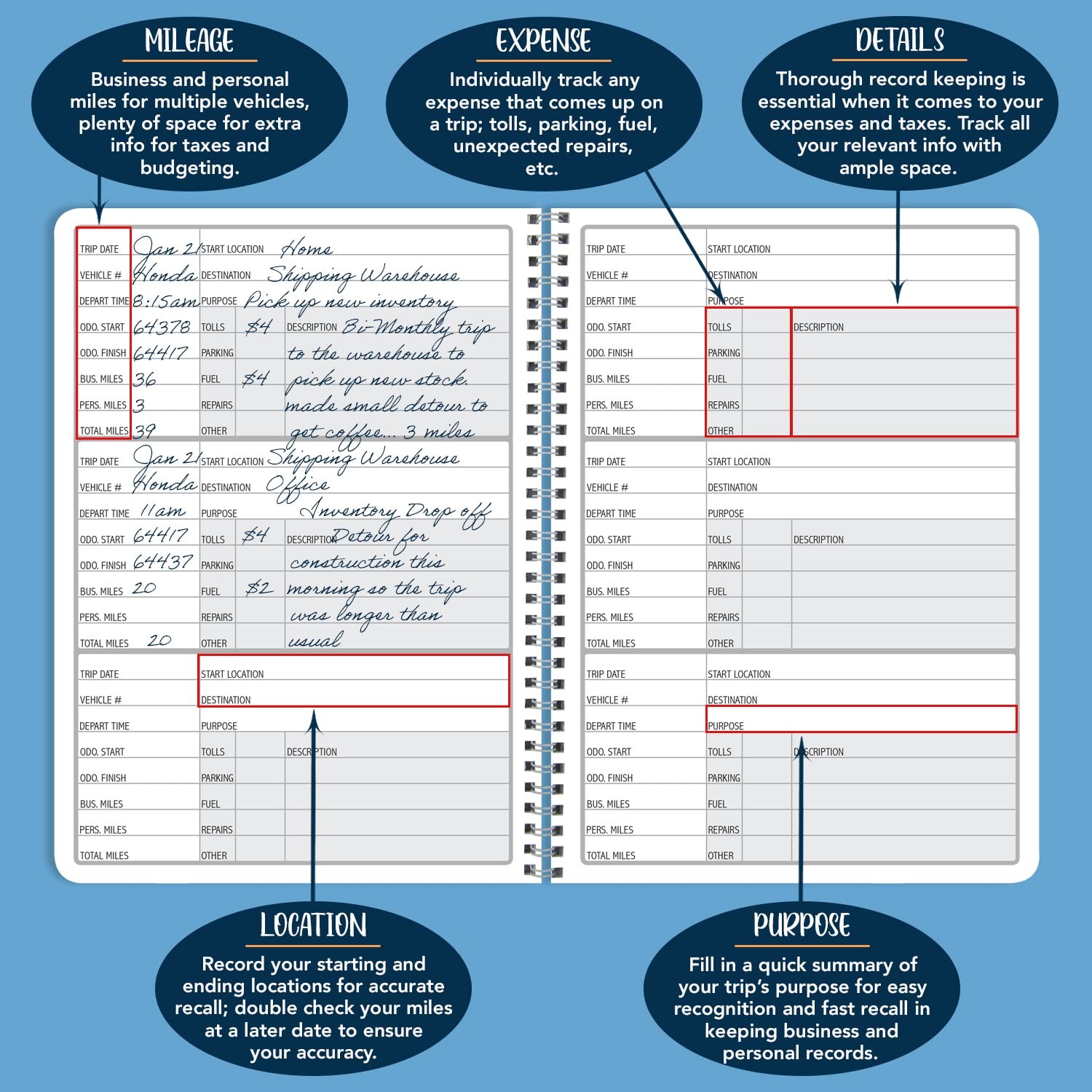BookFactory Mileage Log Book Auto Expense Record 5″ x 7″, White