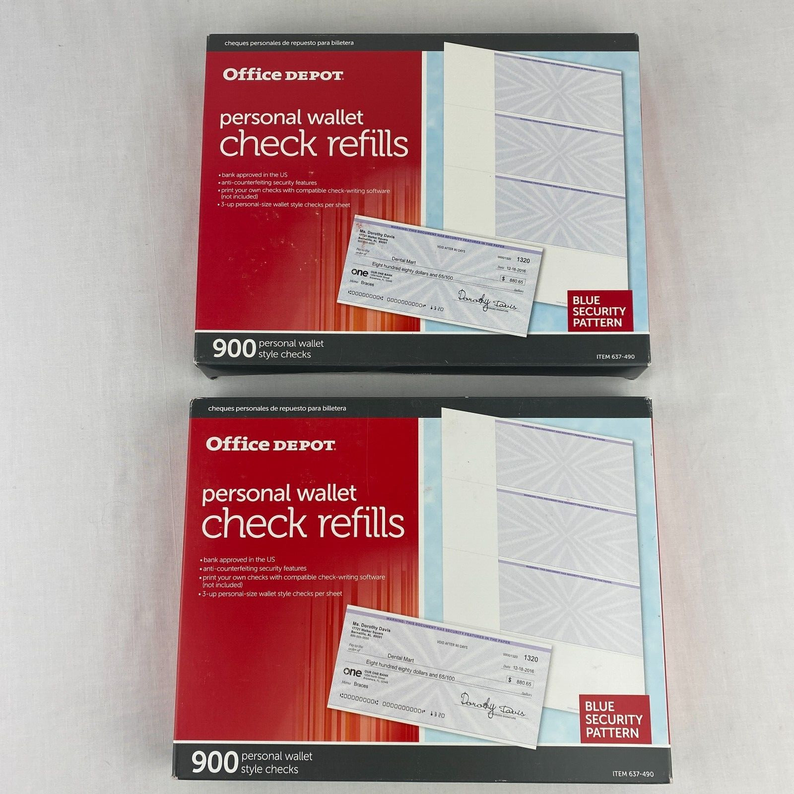 Office Depot Personal Wallet Check Refills 900 Item 637-490 LOT 2 Boxes 2x B19
