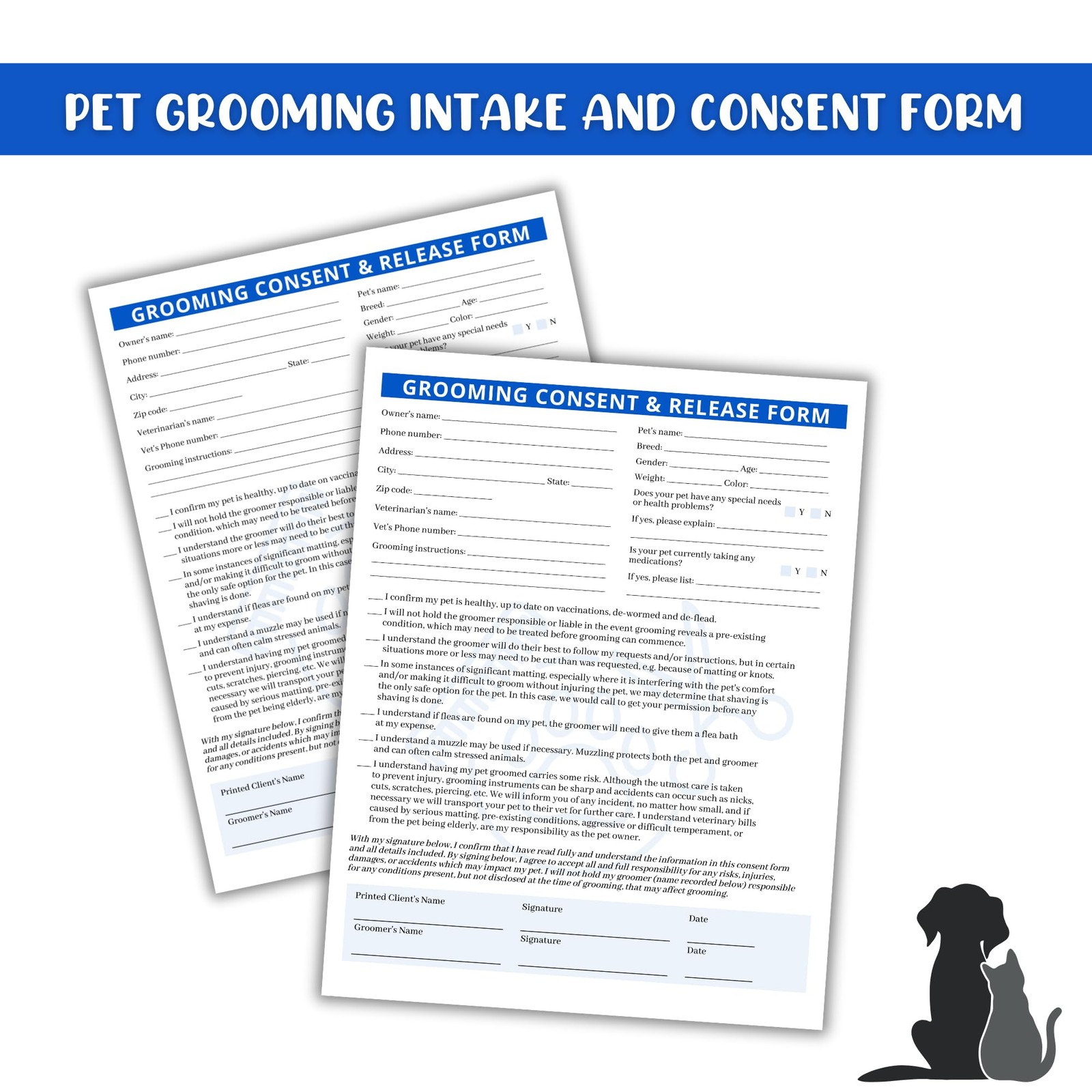Pet Grooming Intake, Consent & Release Form | 50 Pack 8.5×11 inches, Blue
