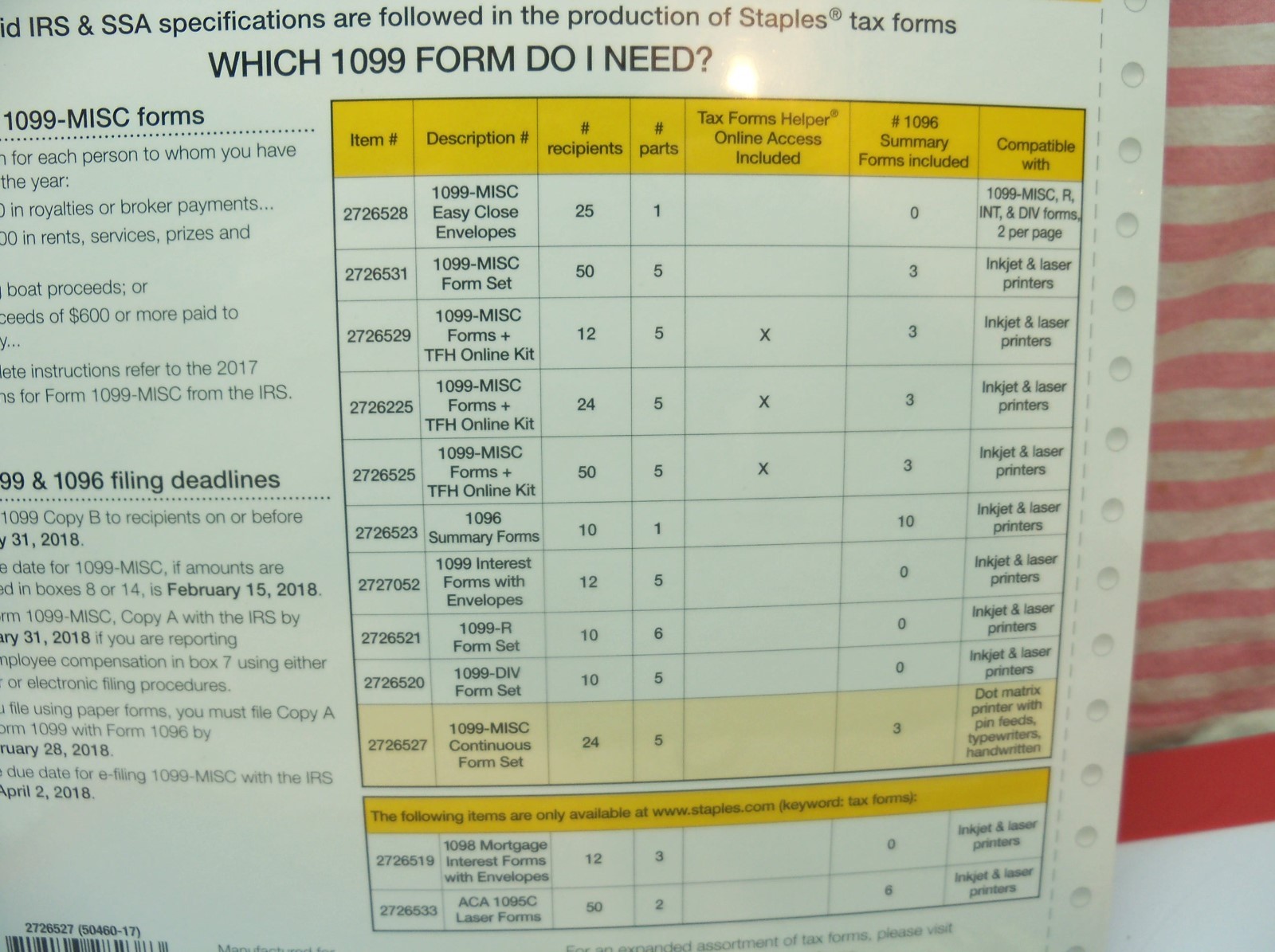 24 Ct Pack Staples 2017 Dot Matrix IRS Tax Form 1099-Misc 5-Part Form Sets USA