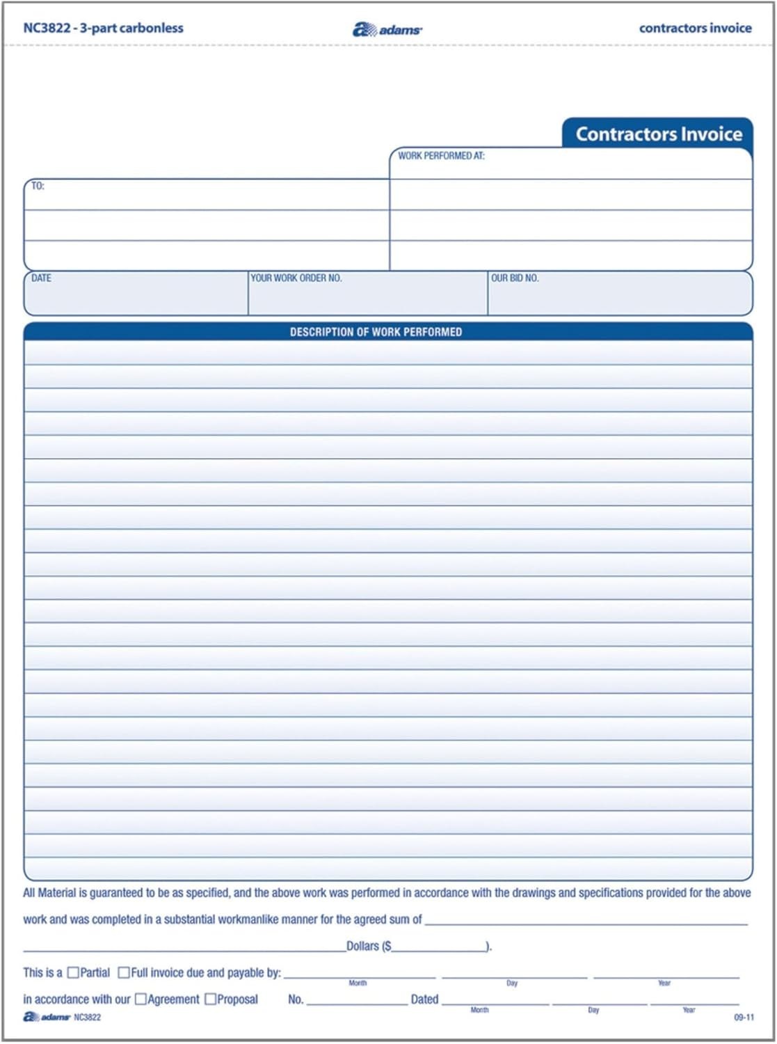 Efficient 3-Part Contractor Invoice Forms – 100 Sheets with Payment Instructions
